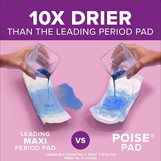 Regular Poise pads vs leading maxi period pad, 10x drier claim on package