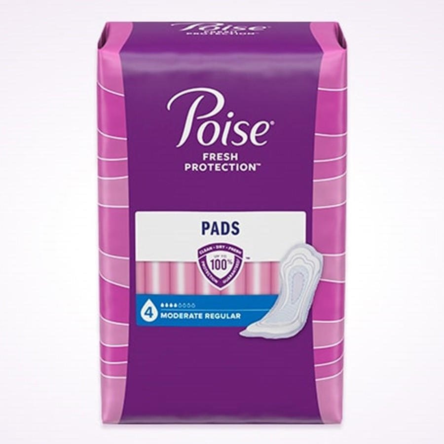 Poise incontinence pads, 4-drop moderate regular, product pack front