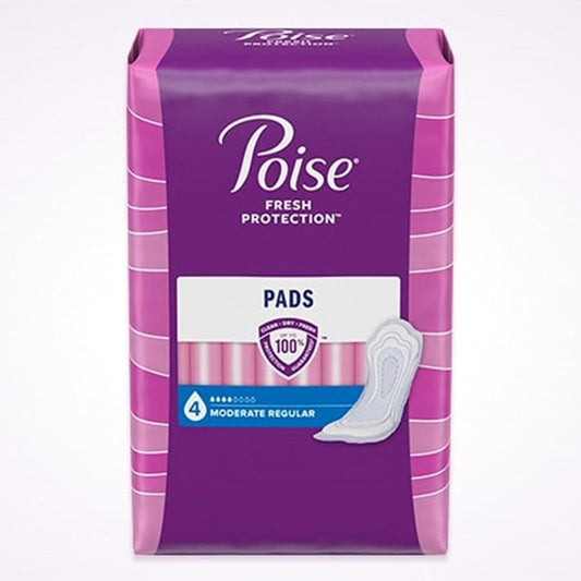 Poise incontinence pads, 4-drop moderate regular, product pack front