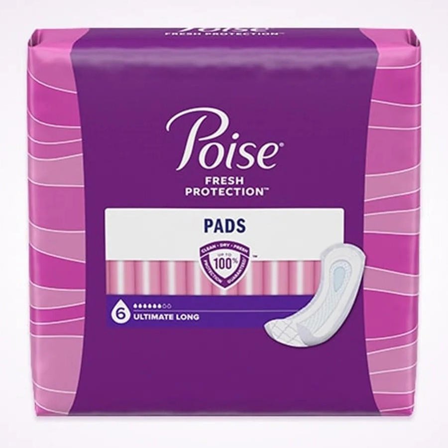 Poise incontinence pads, Ultimate Long (6 drops) with adhesive backing