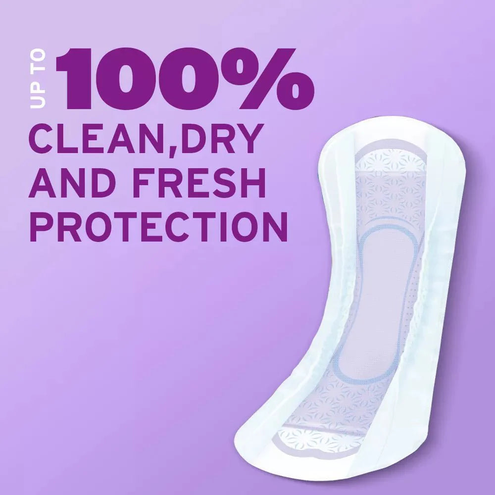 Ultra thin regular pad with 100% clean, dry, fresh protection text