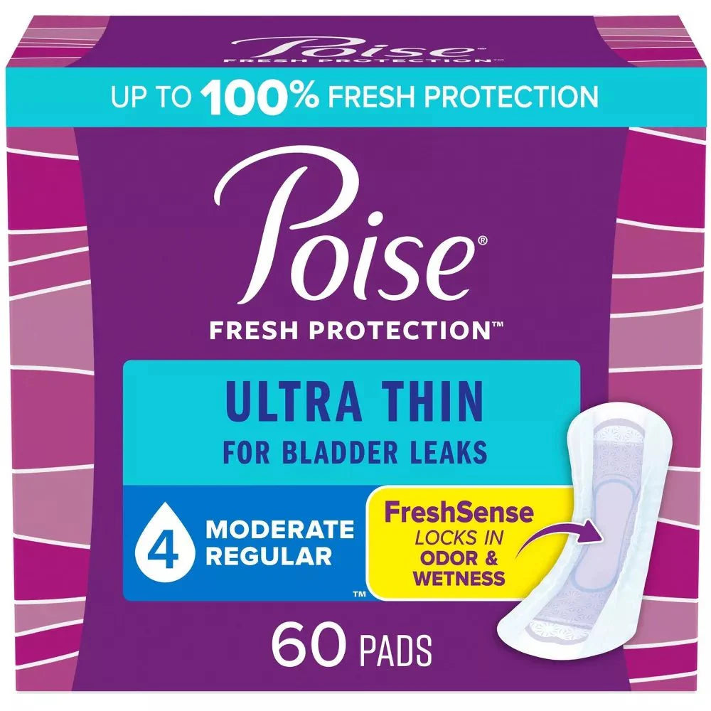Poise Ultra Thin moderate absorbency regular pads, 60 count box with pad illustration