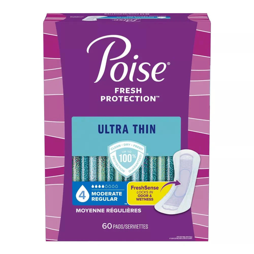 Poise Ultra Thin regular pads box showing FreshSense, moderate 4, 60 pads
