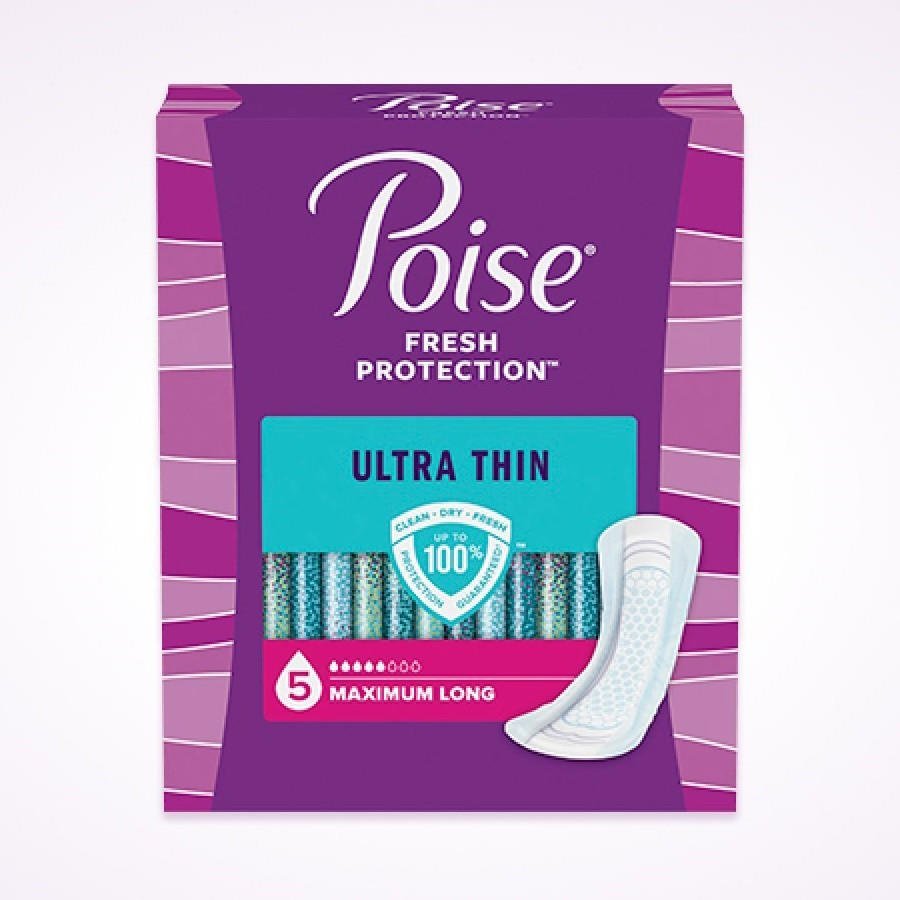 Poise Ultra Thin long pads, 5 maximum absorbency, Fresh Protection package front