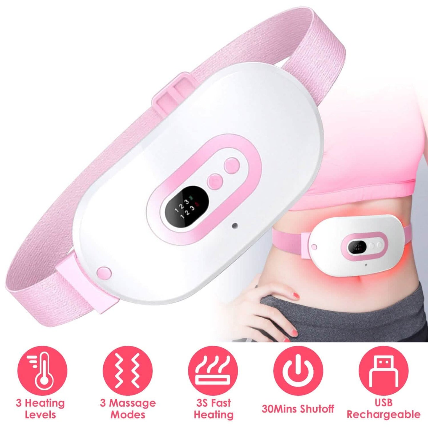 Heating pad worn on lower abdomen, white device with pink control panel and strap