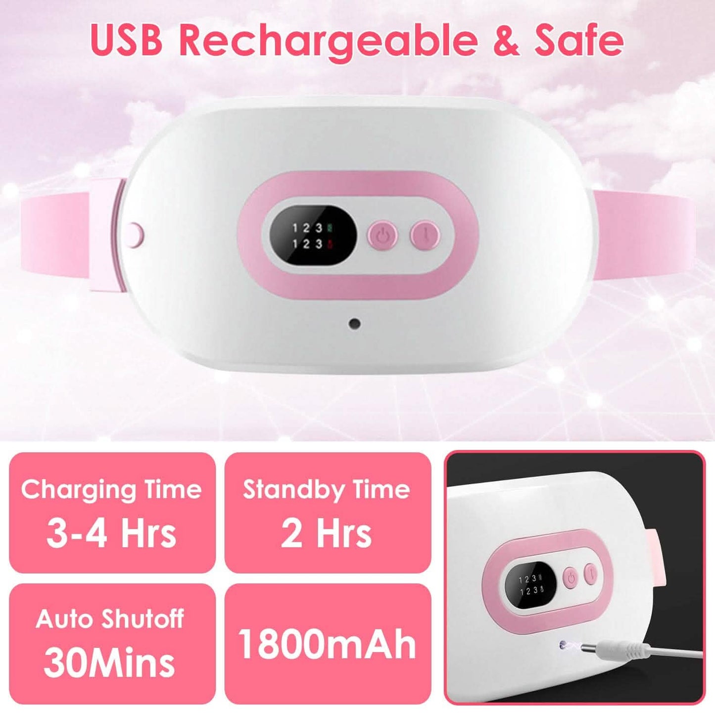 USB rechargeable heating pad control panel with pink buttons and charging time notes