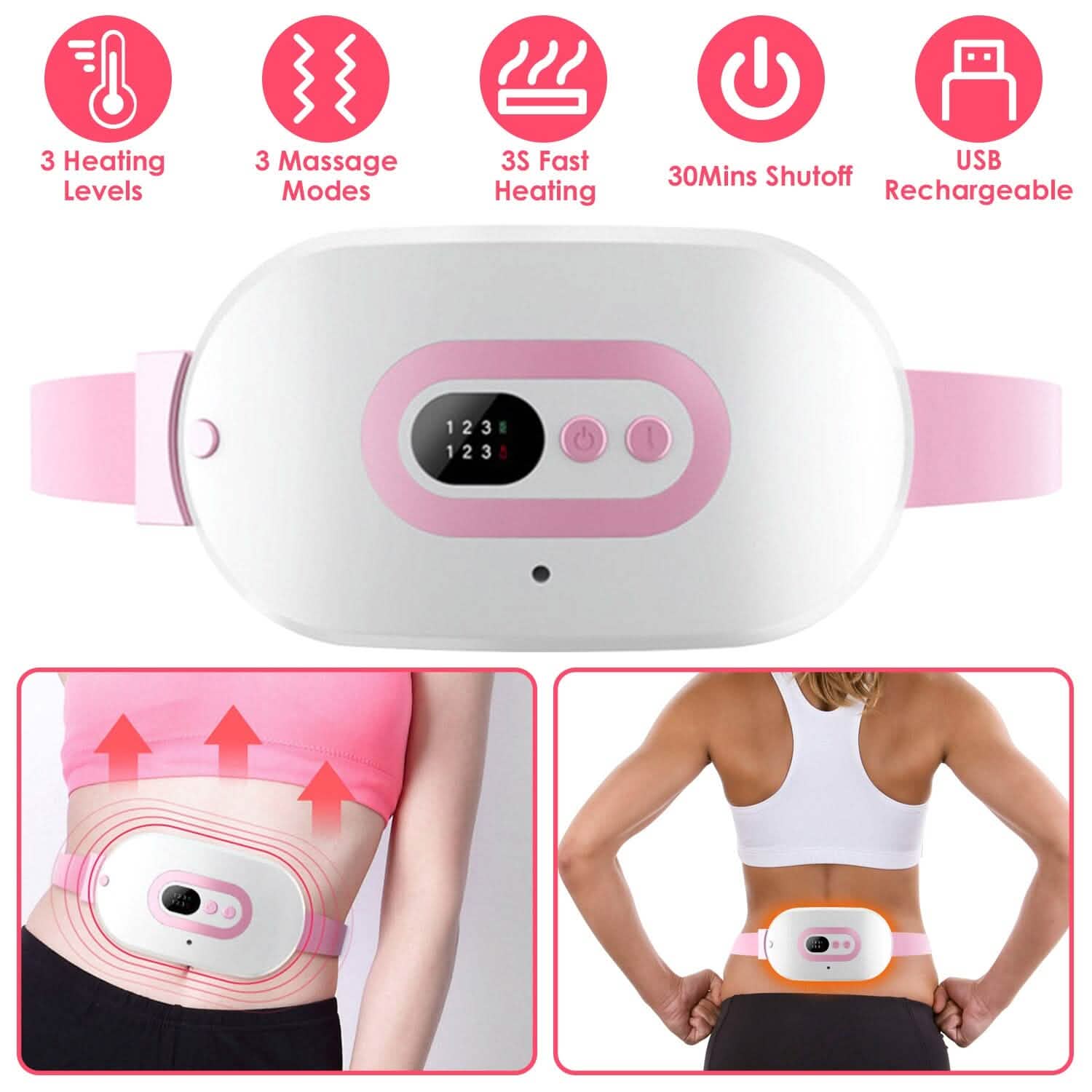 Front view heating pad with control buttons and digital display, pink elastic belt