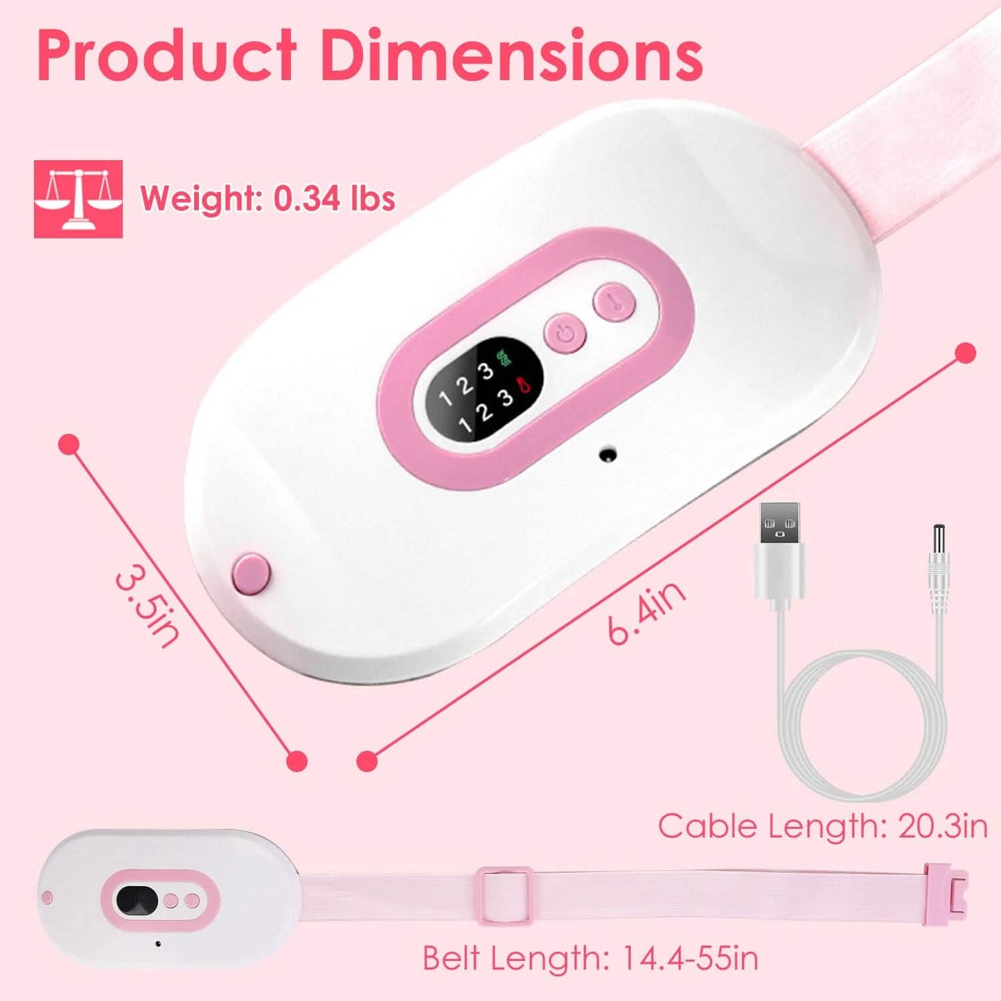 Portable heating pad release button and fastening tab on white belt