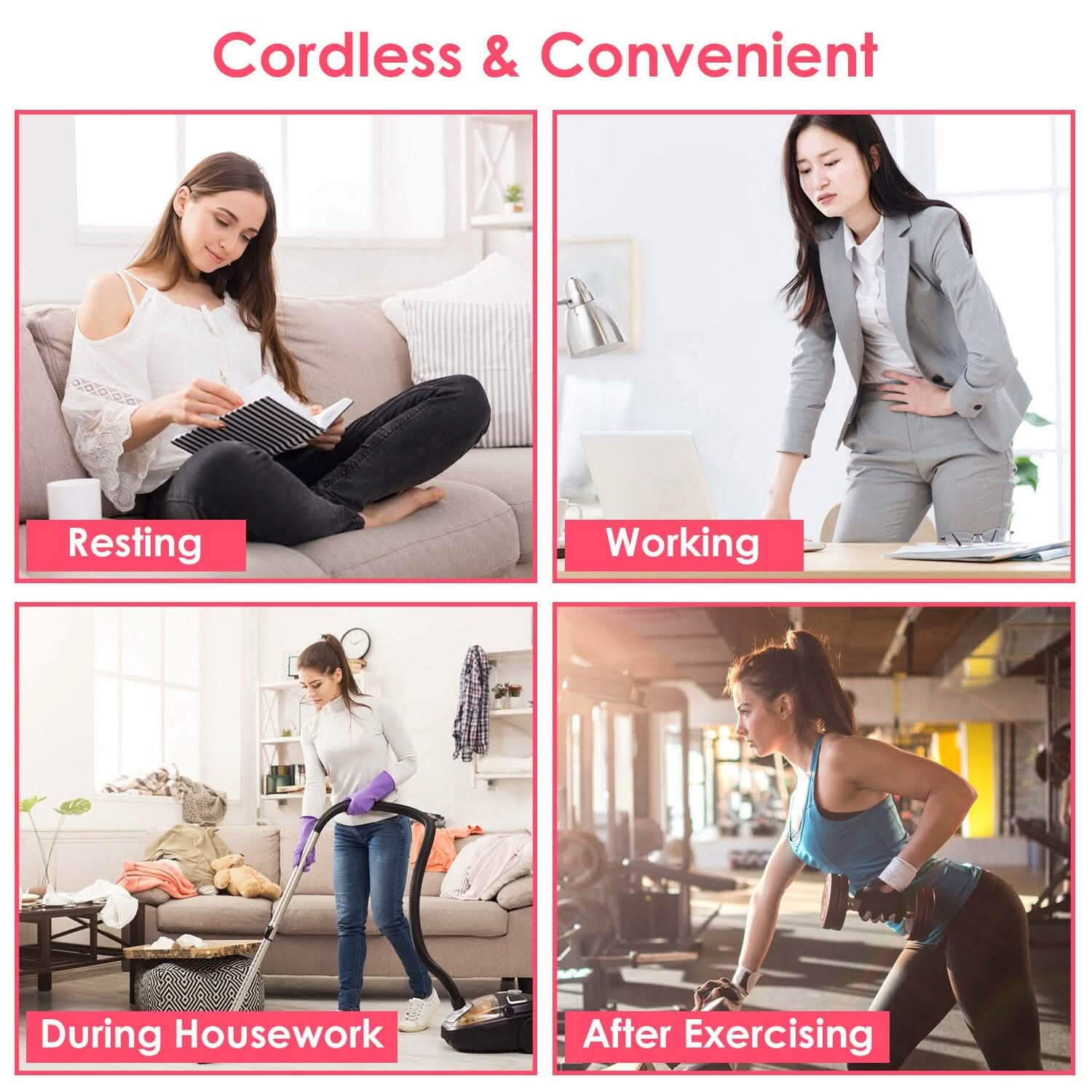 Cordless & convenient portable heating pad shown in use with belt and controller