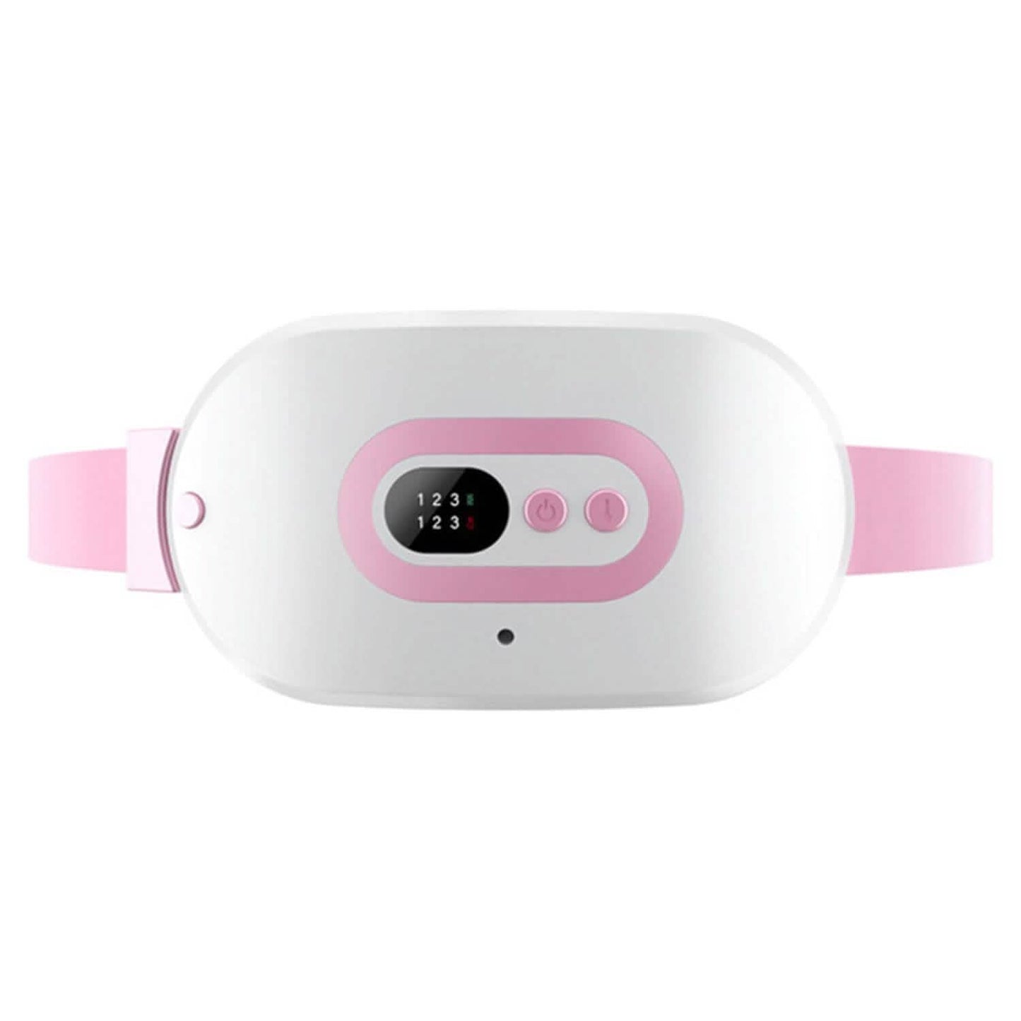 Waist heating pad with pink trim, centered control panel, and adjustable pink belt strap
