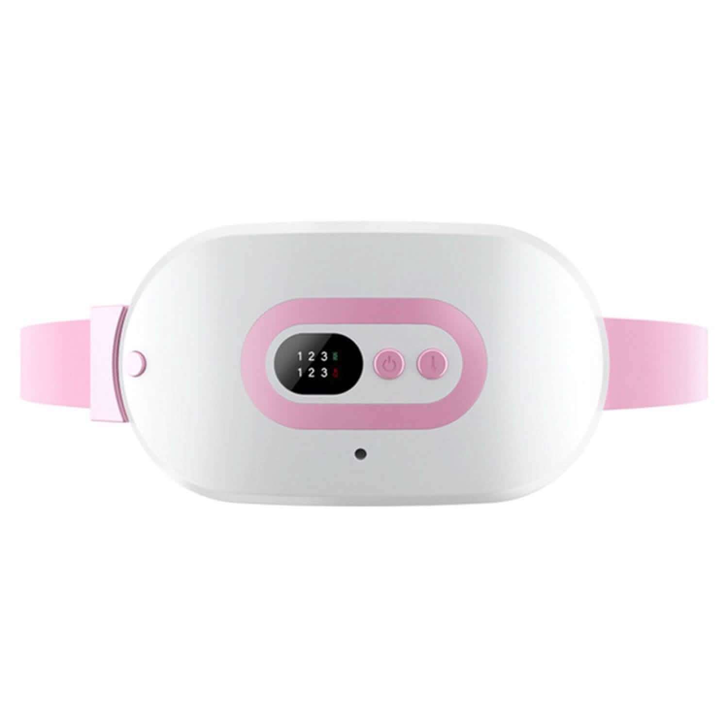Waist heating pad with pink trim, centered control panel, and adjustable pink belt strap