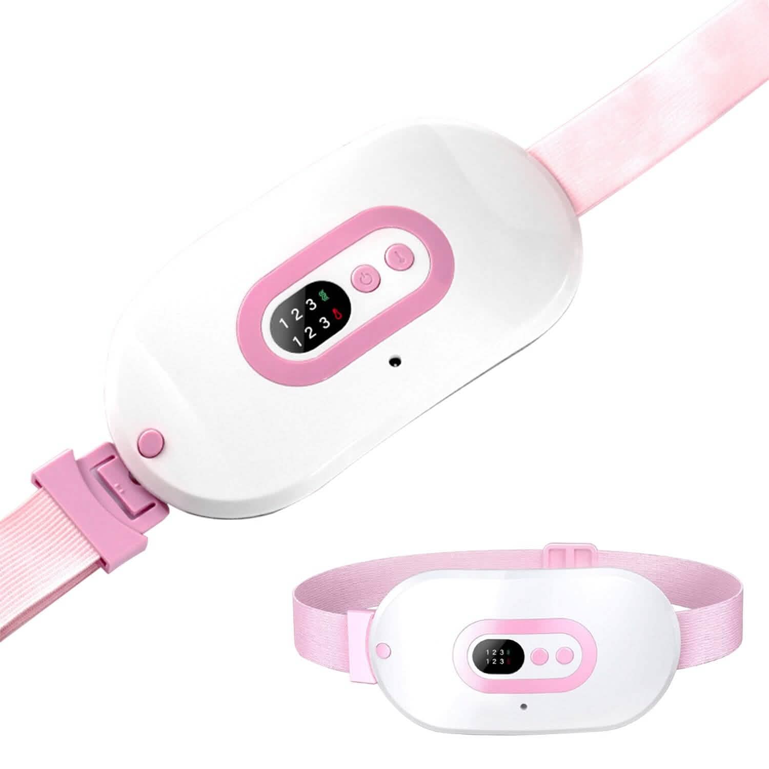 Portable heating pad controller with LCD screen and buttons, pink strap attached