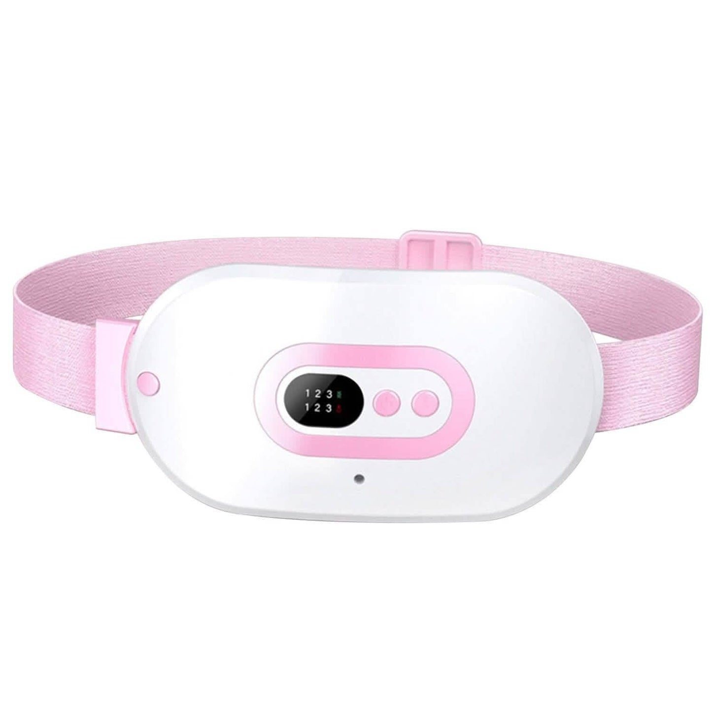 Portable heating pad belt with control panel showing heat level numbers on black display