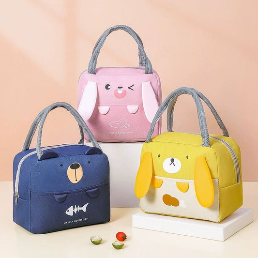 Insulated lunch cooler bag in pink with cartoon rabbit face and gray handles