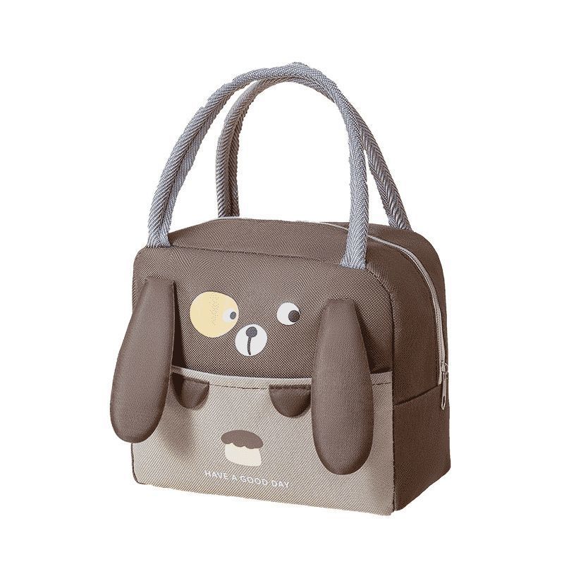 Insulated lunch cooler bag in brown with cartoon dog face and gray rope handles
