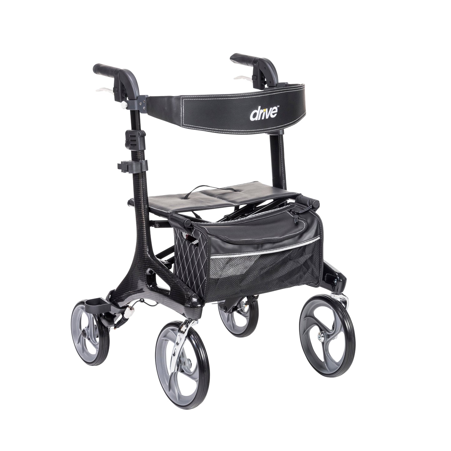 Black carbon fiber rollator walker with seat and front storage bag, four wheels