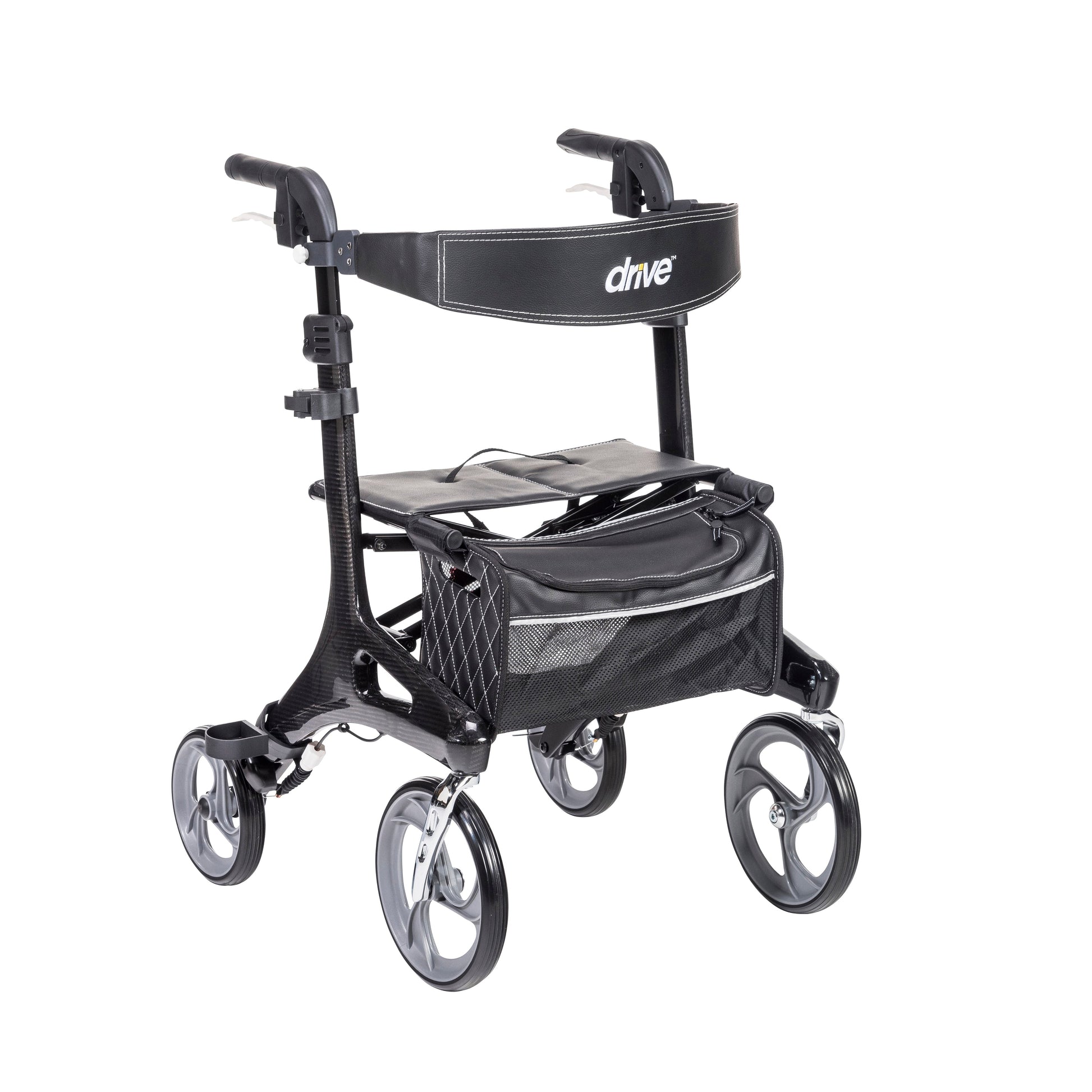 Black carbon fiber rollator walker with seat and front storage bag, four wheels