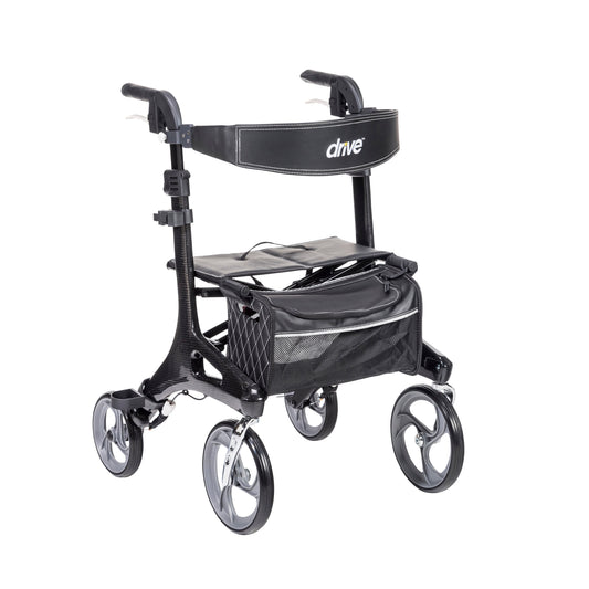 Black carbon fiber rollator walker with seat and front storage bag, four wheels