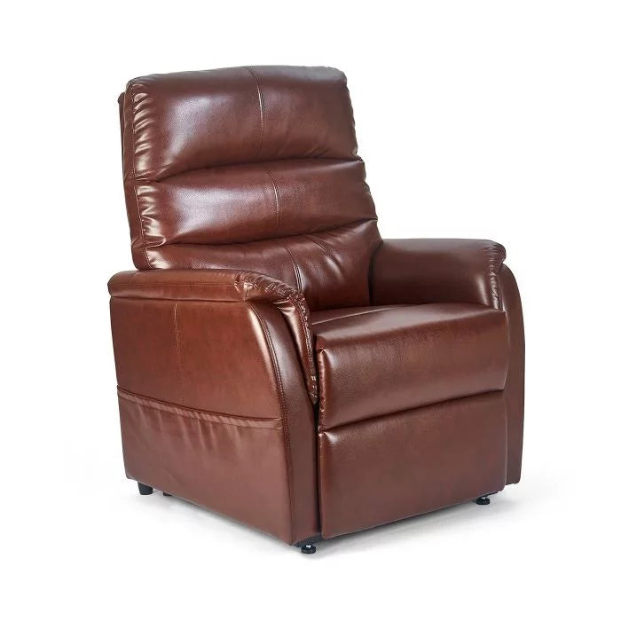 3-position lift chair in Chestnut brown with stitched arms and caster feet