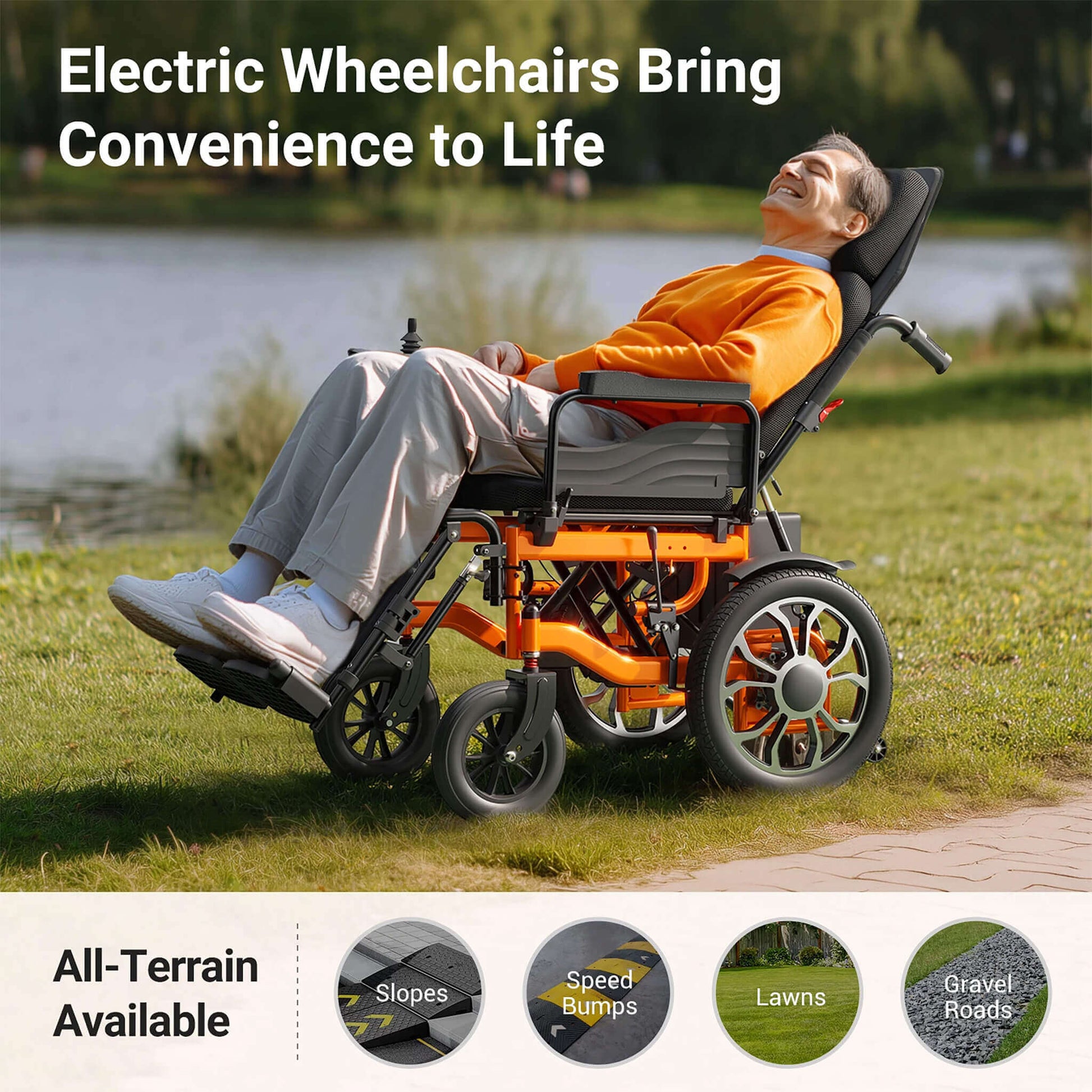 Electric motorized wheelchair with reclined back and orange frame, front three-quarter view.
