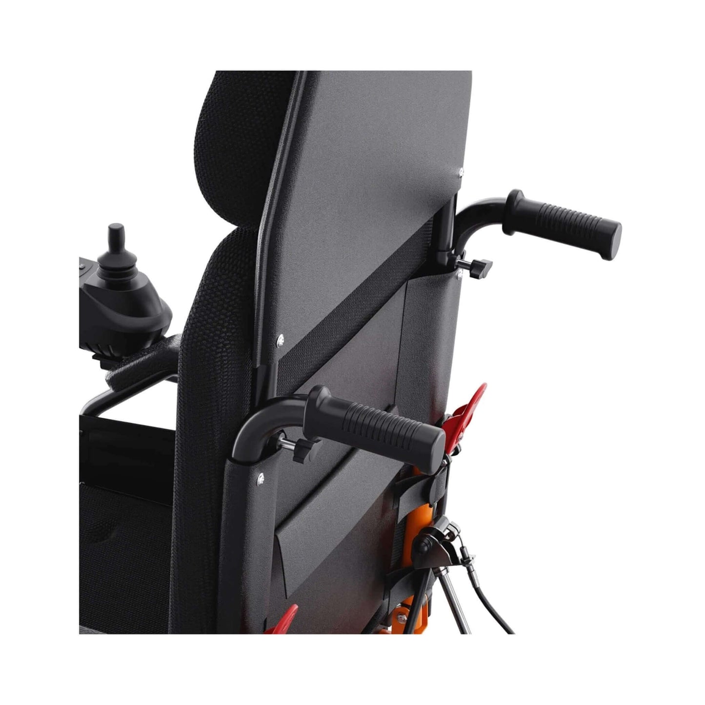 Close-up of wheelchair back and armrest controls on orange frame, black upholstery.