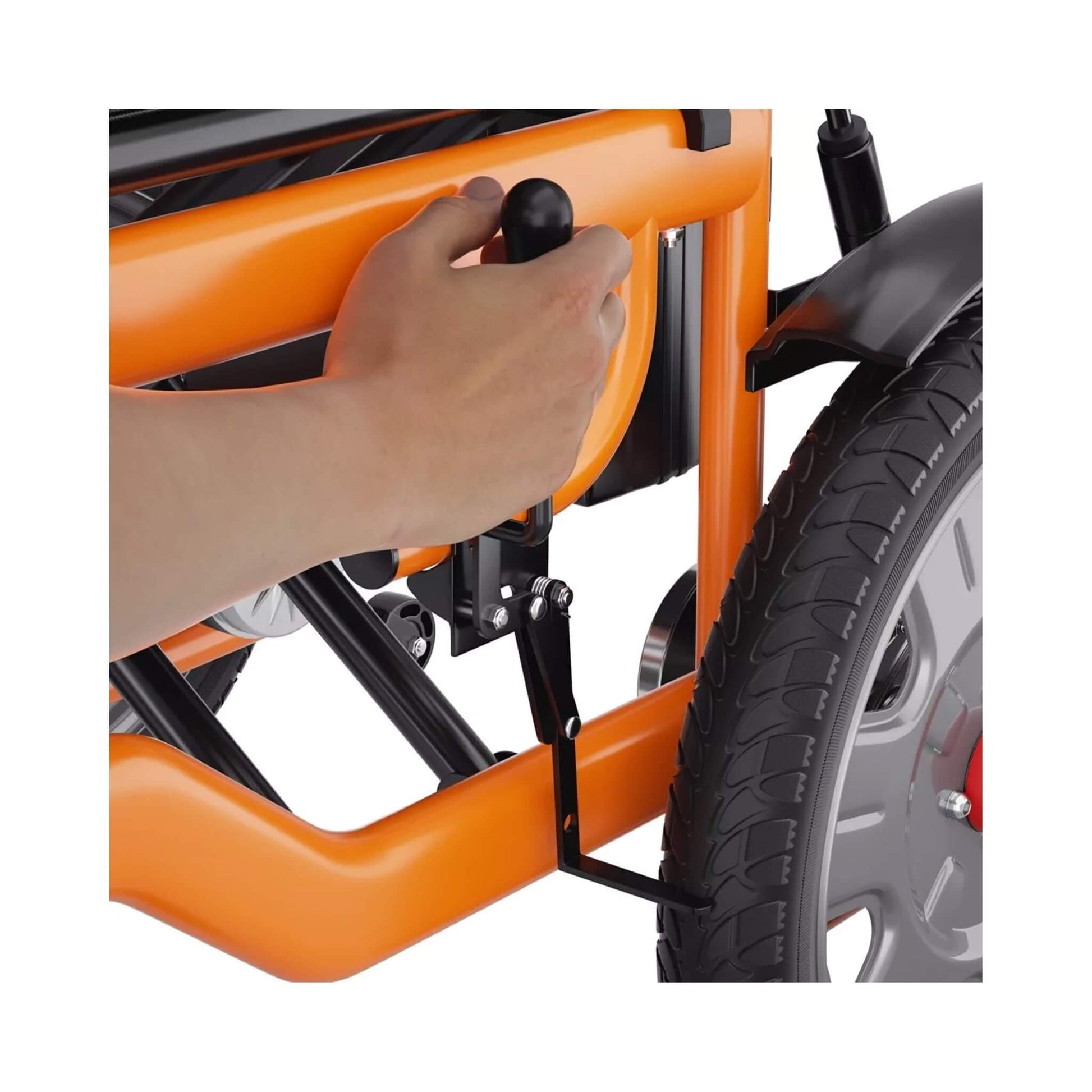Hand controller on armrest next to orange wheelchair frame and front wheel.