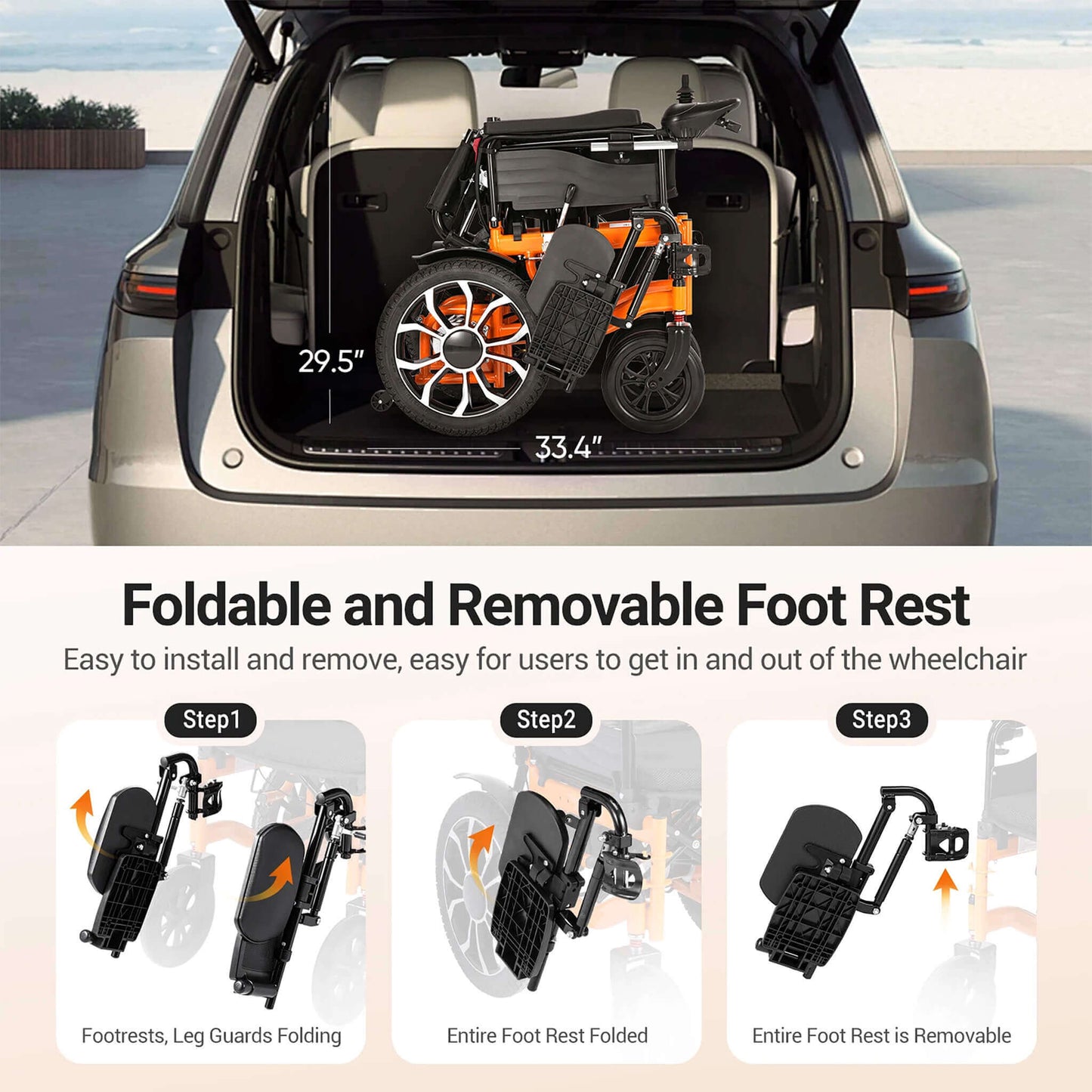 Folded electric wheelchair stored in vehicle trunk, orange frame and black seat.