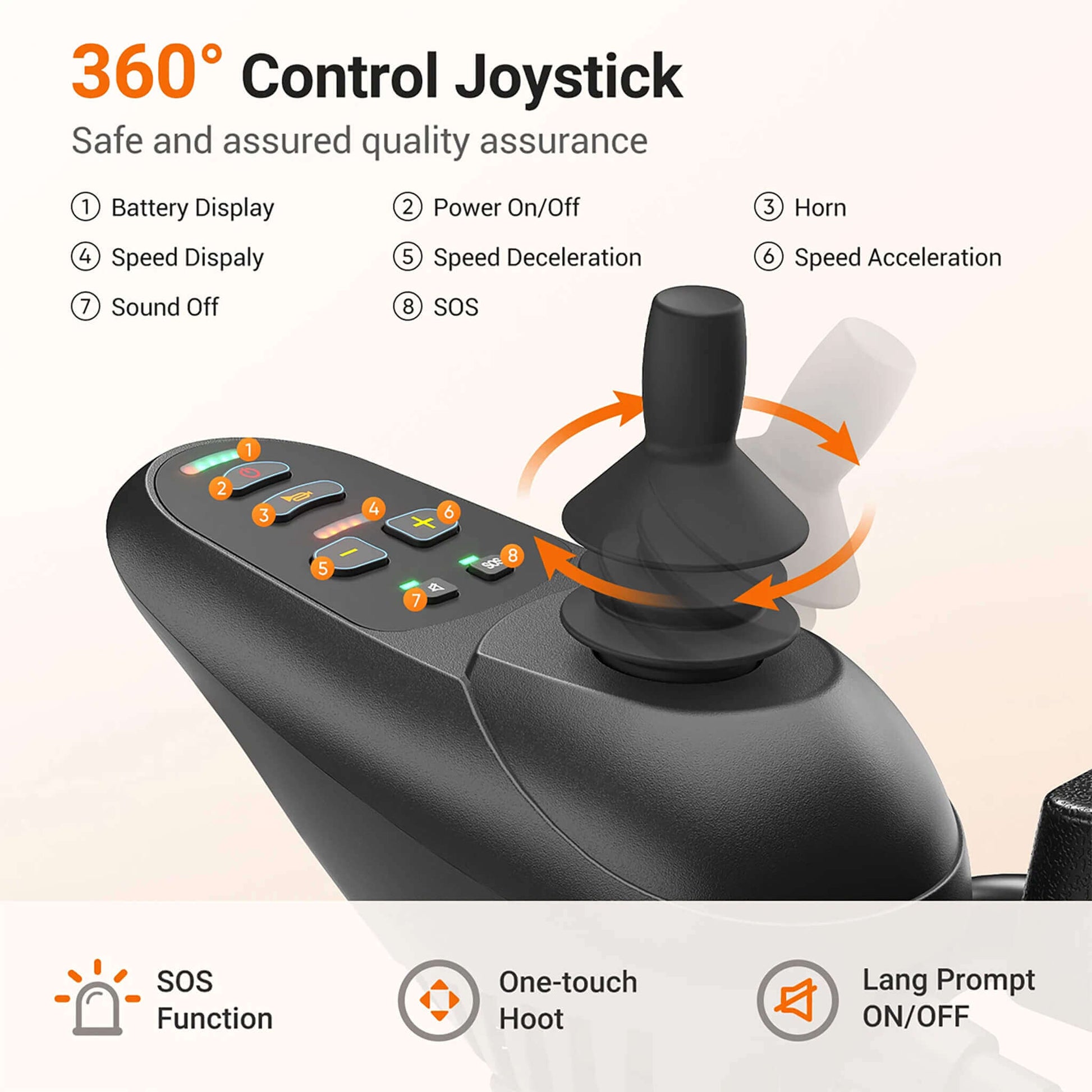 360° control joystick on electric wheelchair armrest with speed buttons
