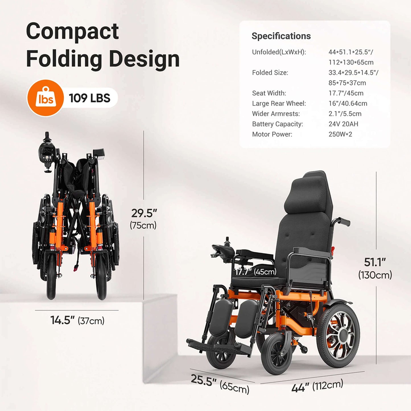 Electric wheelchair folded and unfolded size infographic with compact folding design