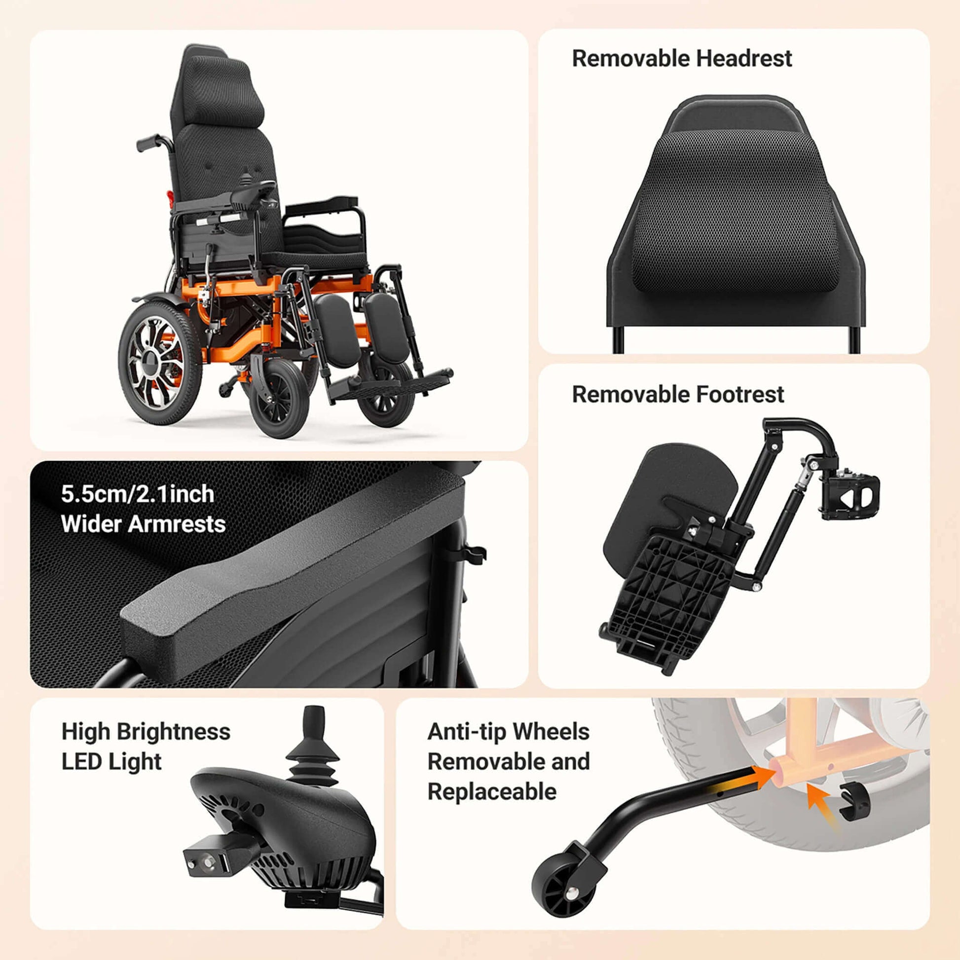 Electric wheelchair features: removable headrest, removable footrest, wider armrests.