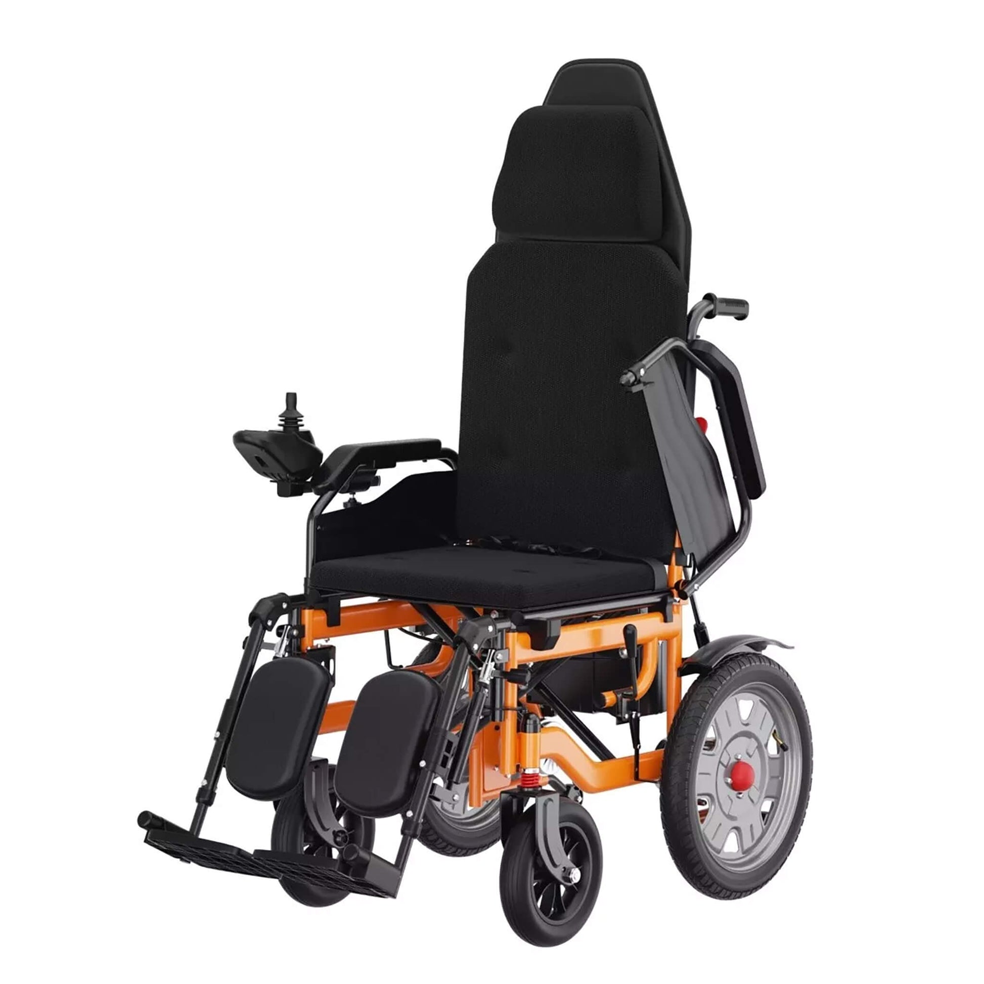 Electric wheelchair in side view with black seat/back, orange frame and armrests.