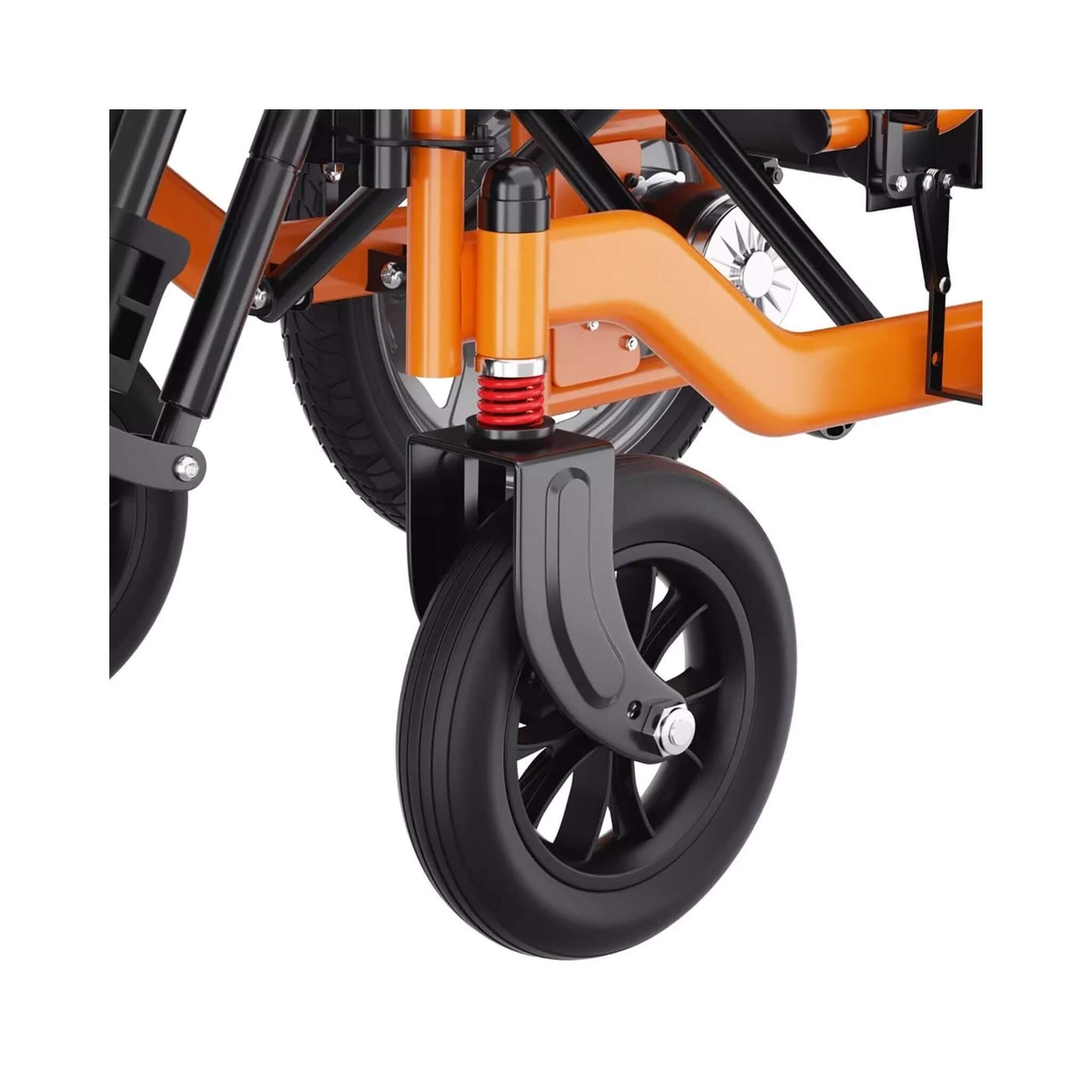 Electric motorized wheelchair wheel detail with black tires and orange frame, ES310S