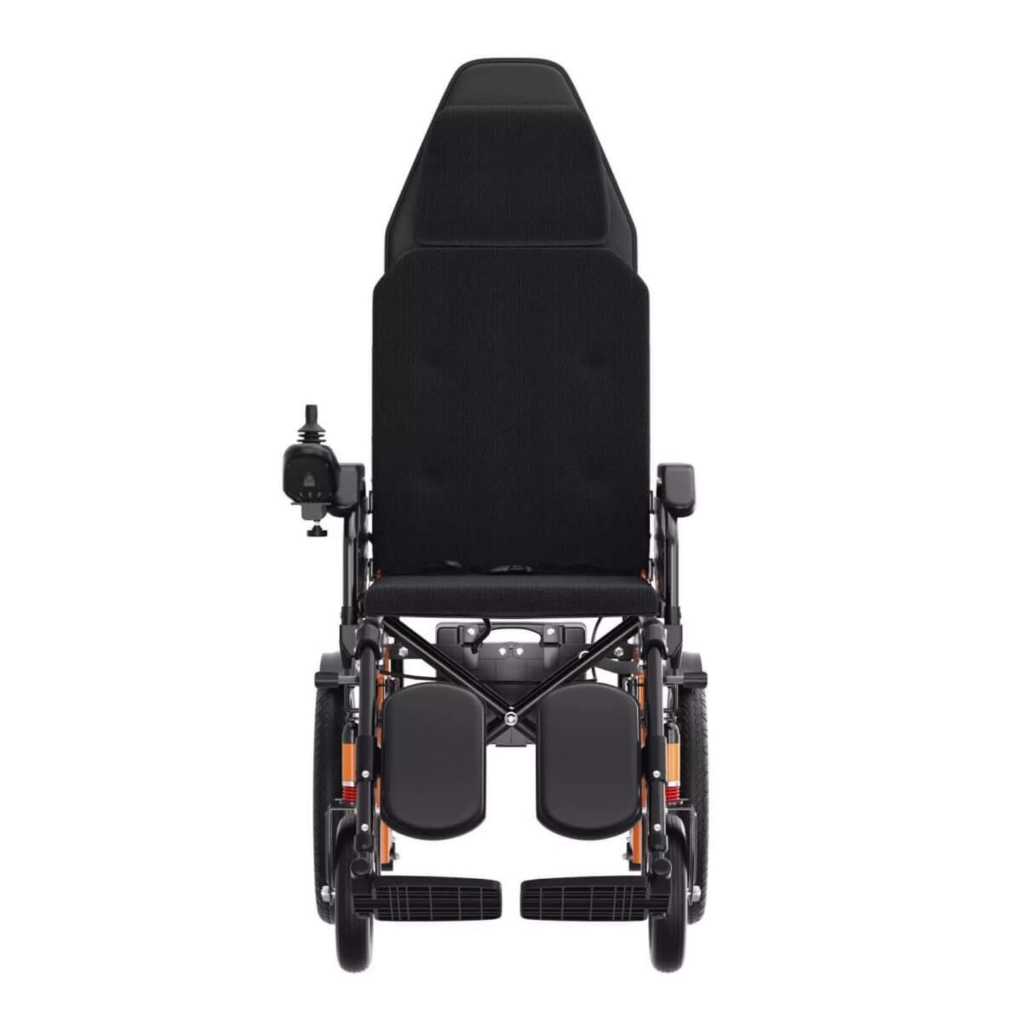 Motorized electric recline wheelchair, front view with padded headrest and armrests