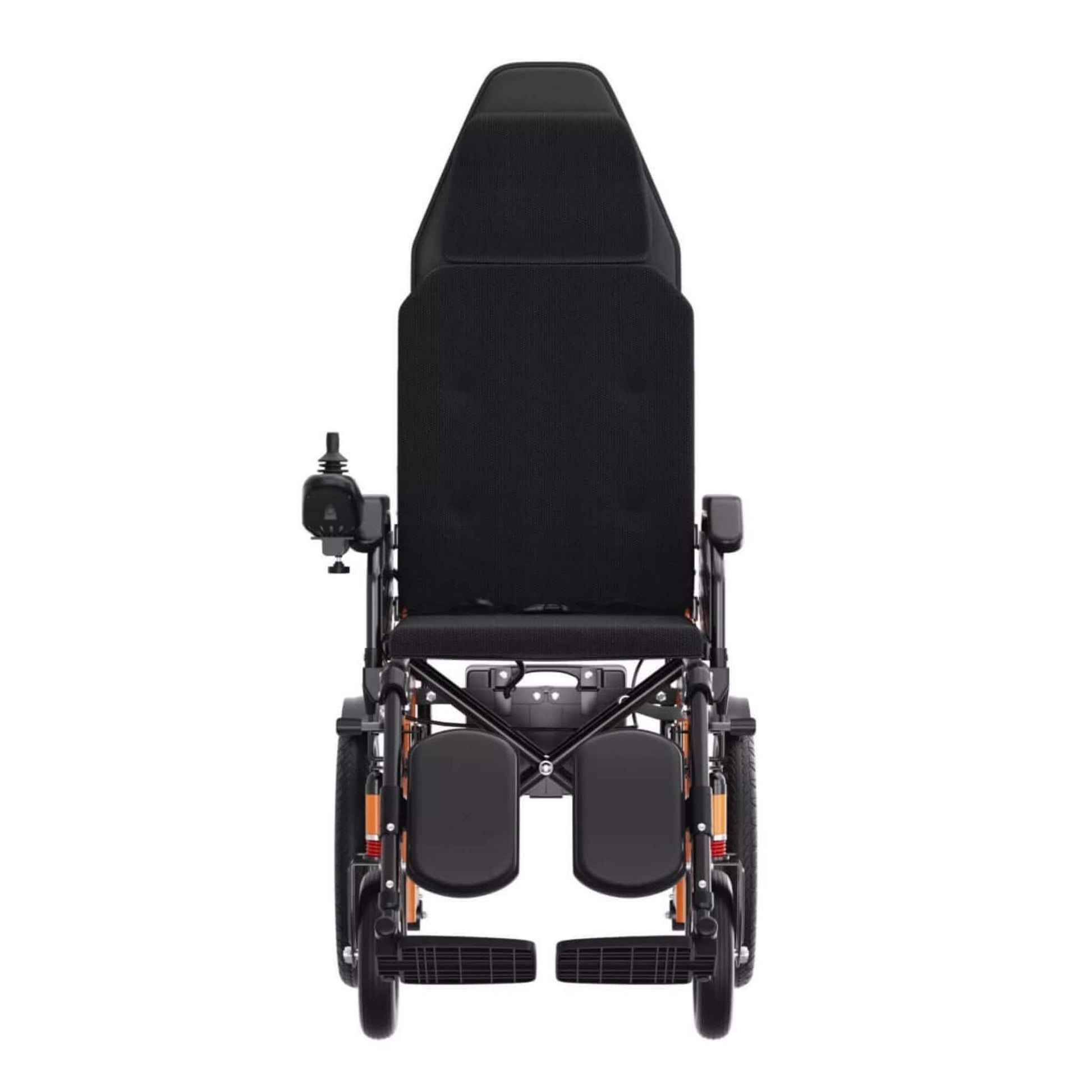 Motorized electric recline wheelchair, front view with padded headrest and armrests