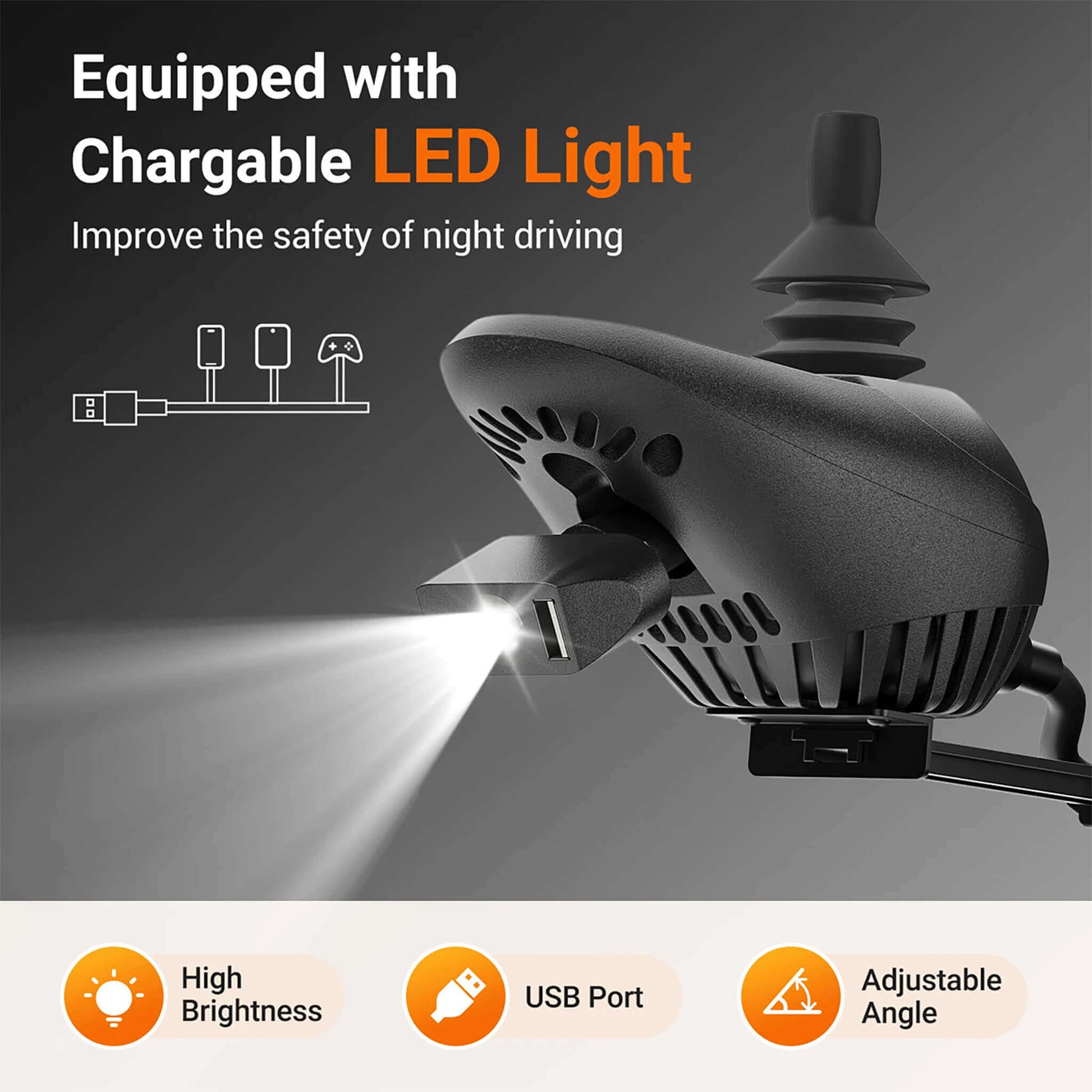 Chargable LED light mounted on electric wheelchair with adjustable angle feature