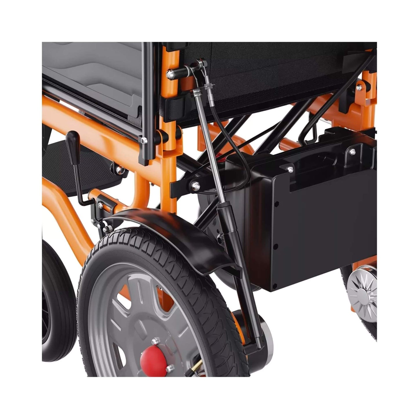 Close-up of wheelchair front wheel and protective guard on orange frame, black details.