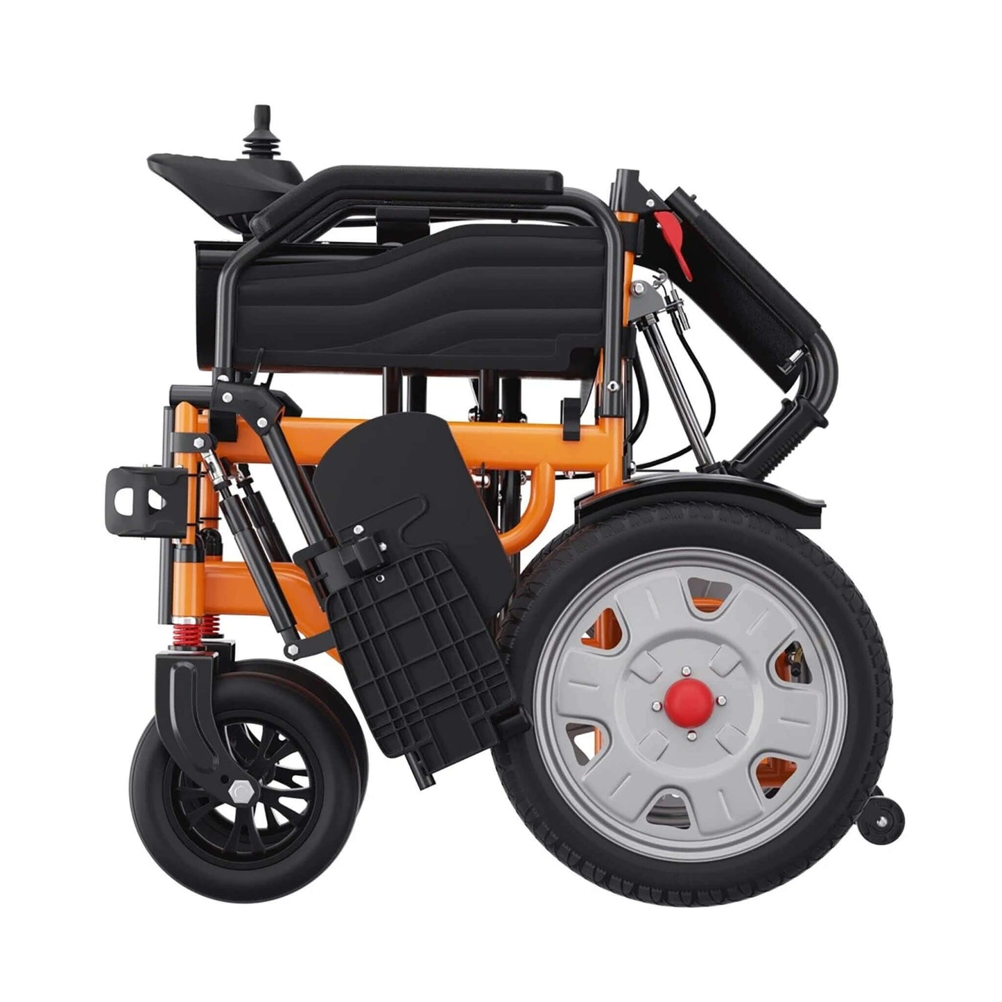 Electric wheelchair side view with black footrest, armrest, and large front wheel