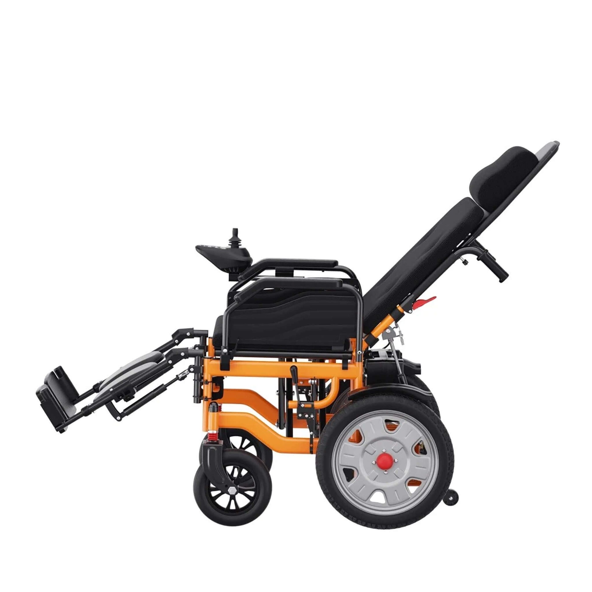 Electric reclining wheelchair, side view with folding frame and large front wheel