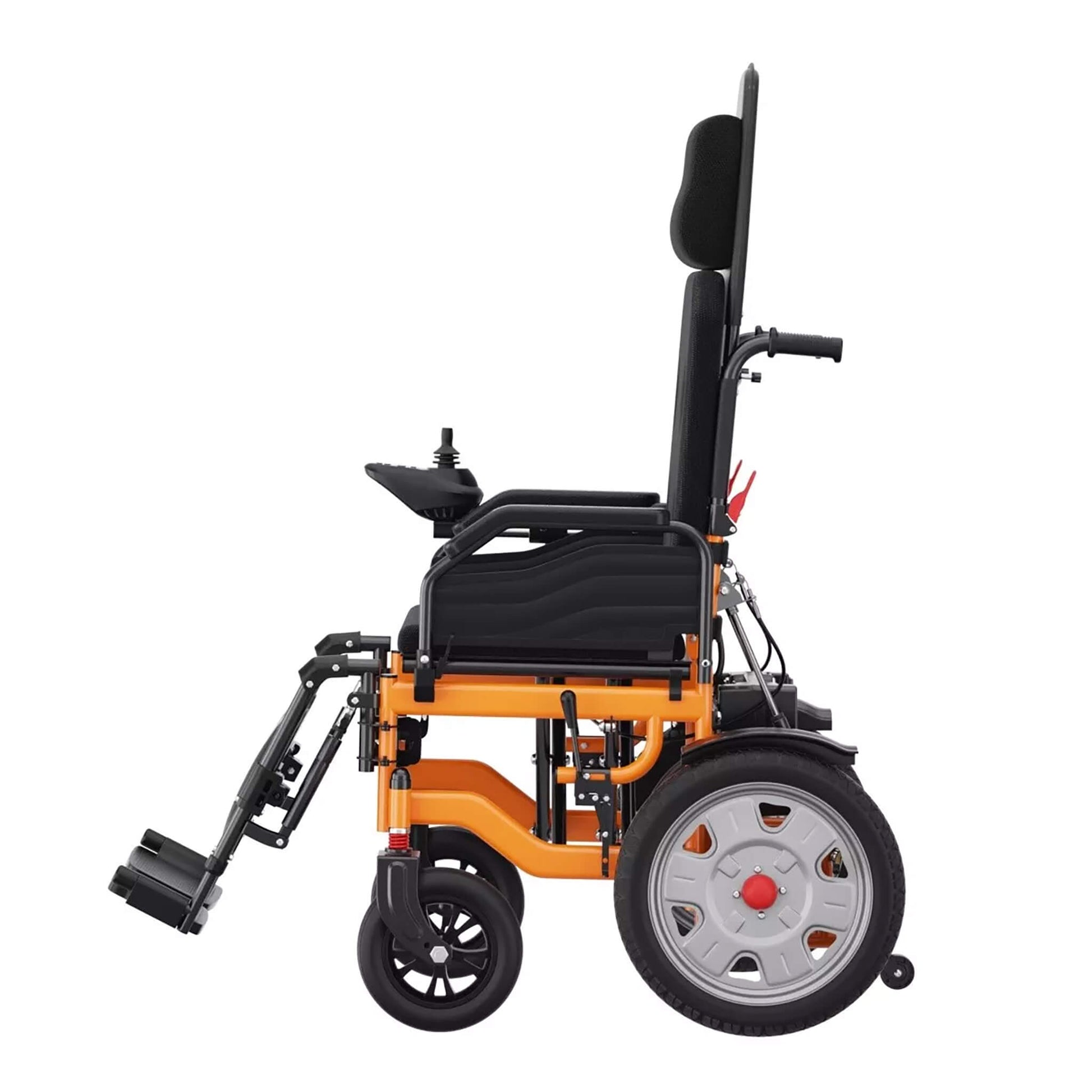 Electric wheelchair three-quarter view with tall backrest, orange frame, black seat.