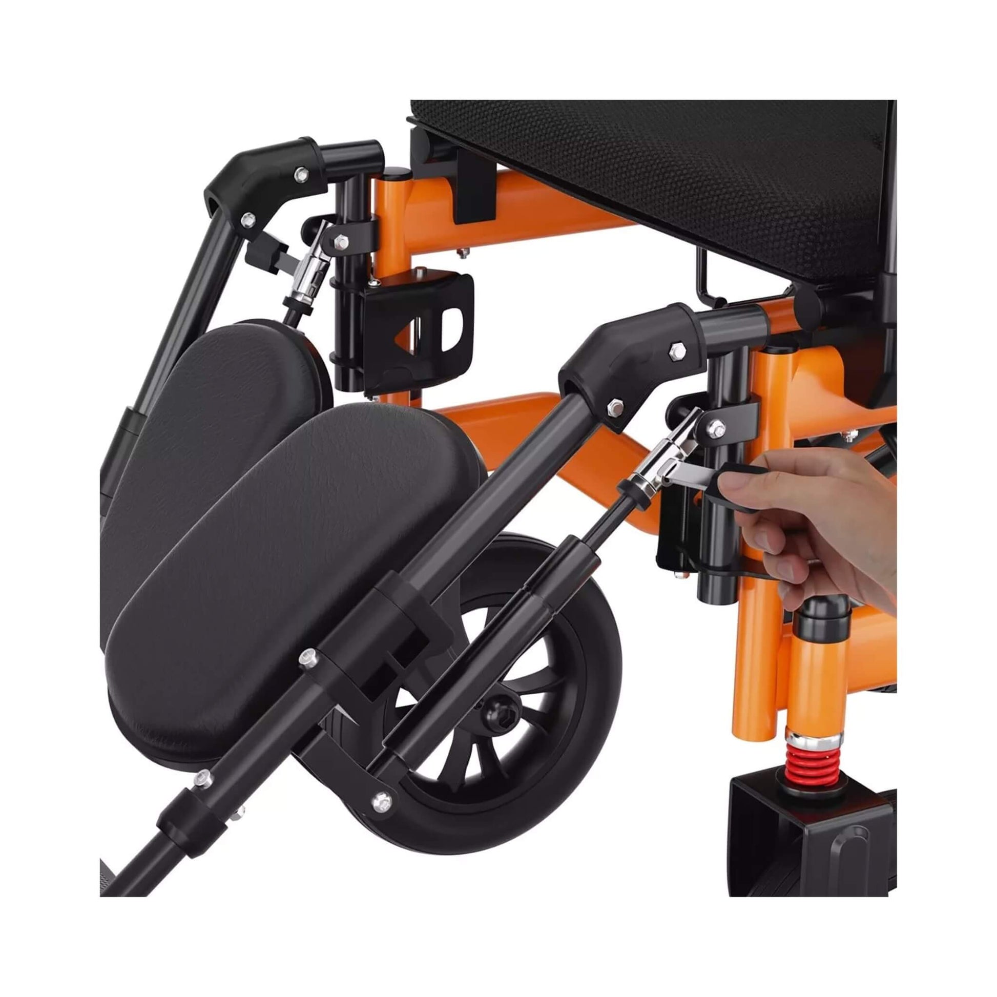 Foldable wheelchair footrest and leg area; adjustable parts with orange frame, electric