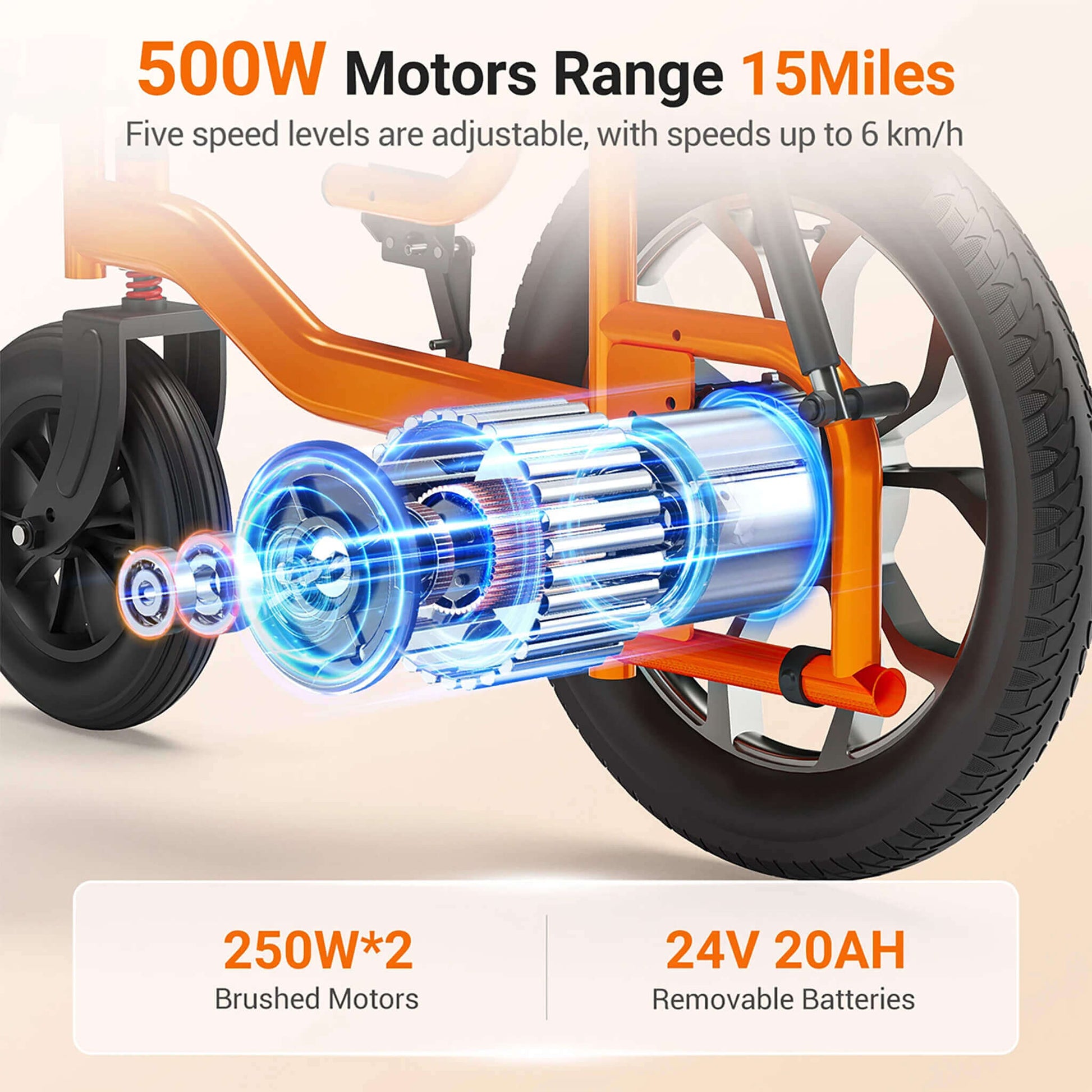 Front wheel and motor assembly of electric wheelchair with orange frame and bright detailing
