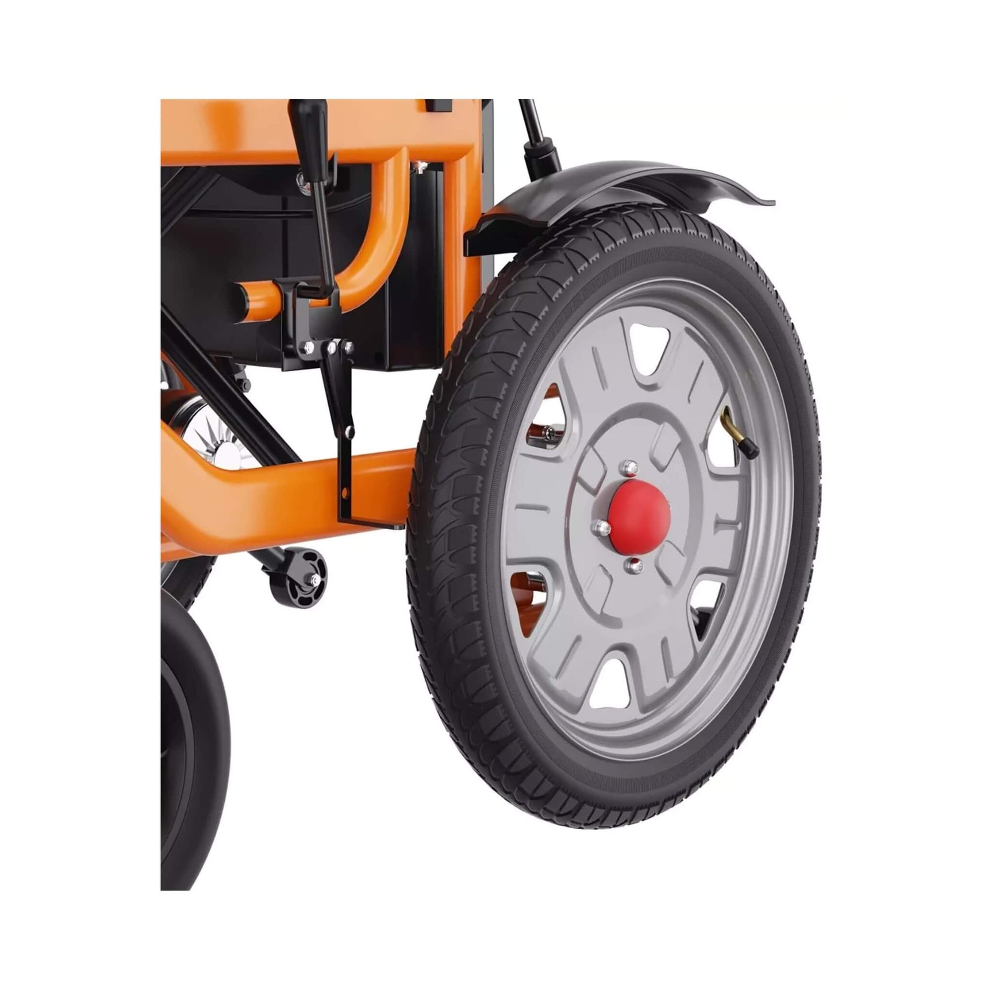 Motorized wheelchair wheel and rim, black tire with silver spokes, orange chassis