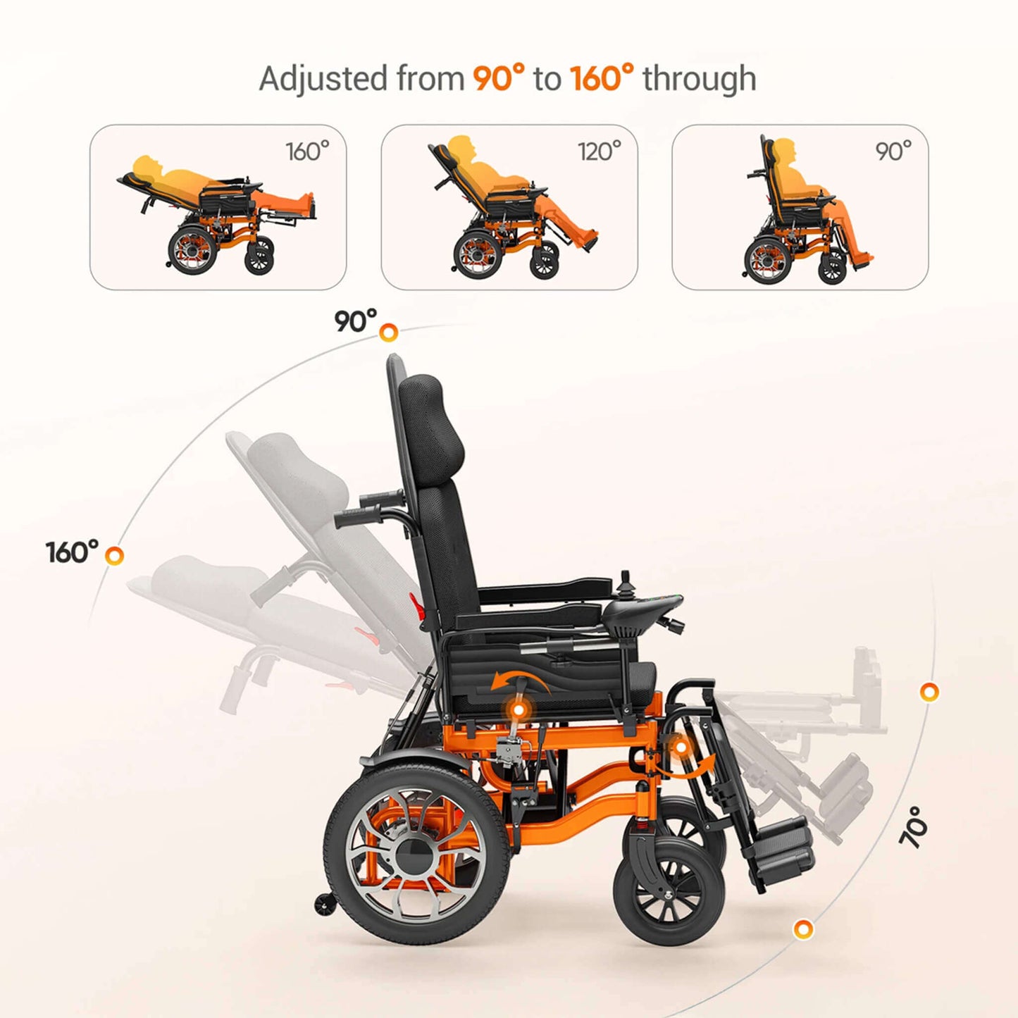 Motorized reclining wheelchair with orange frame and black seat, side view.