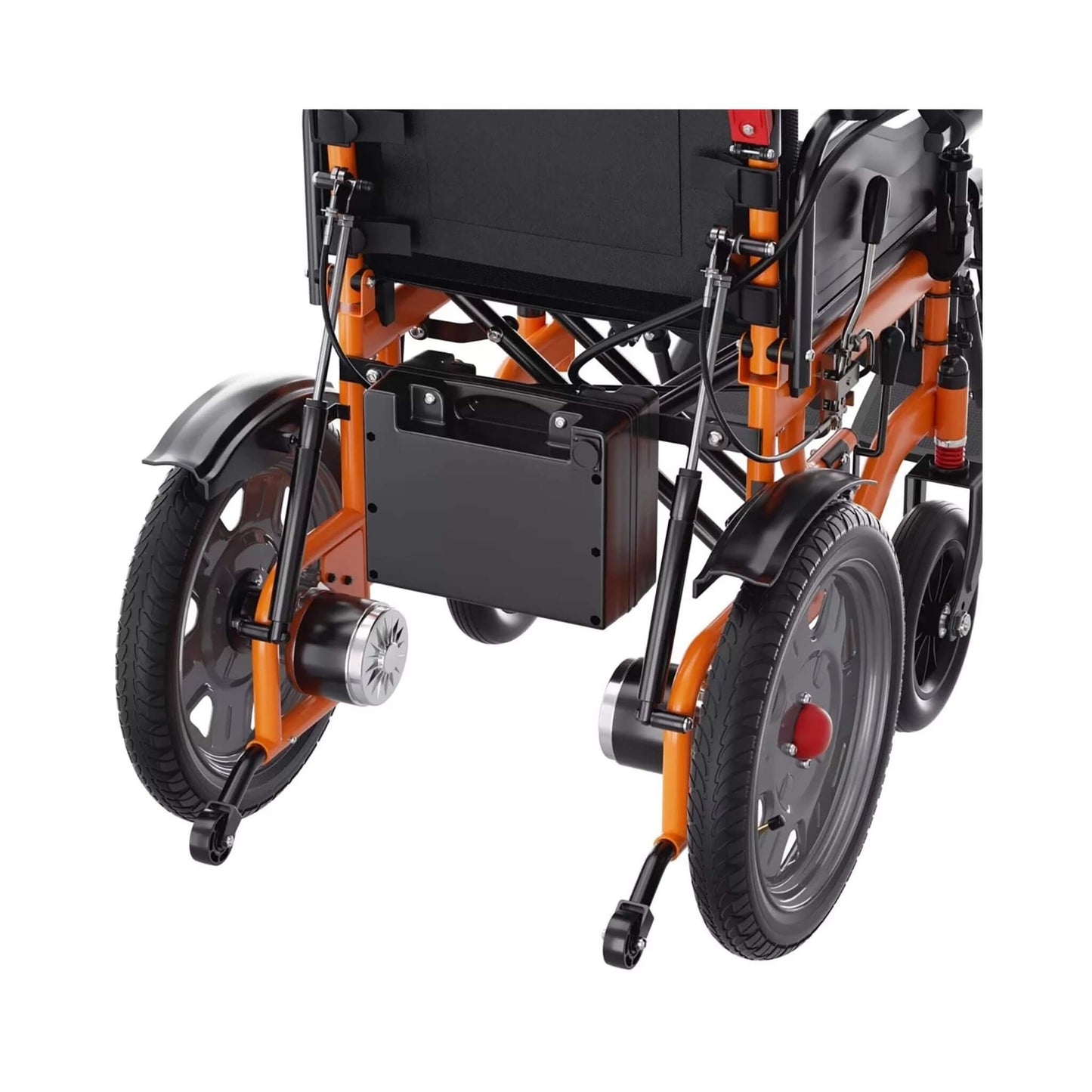 Close-up of wheelchair anti-tip wheels and side frame, orange tubing and black panels.