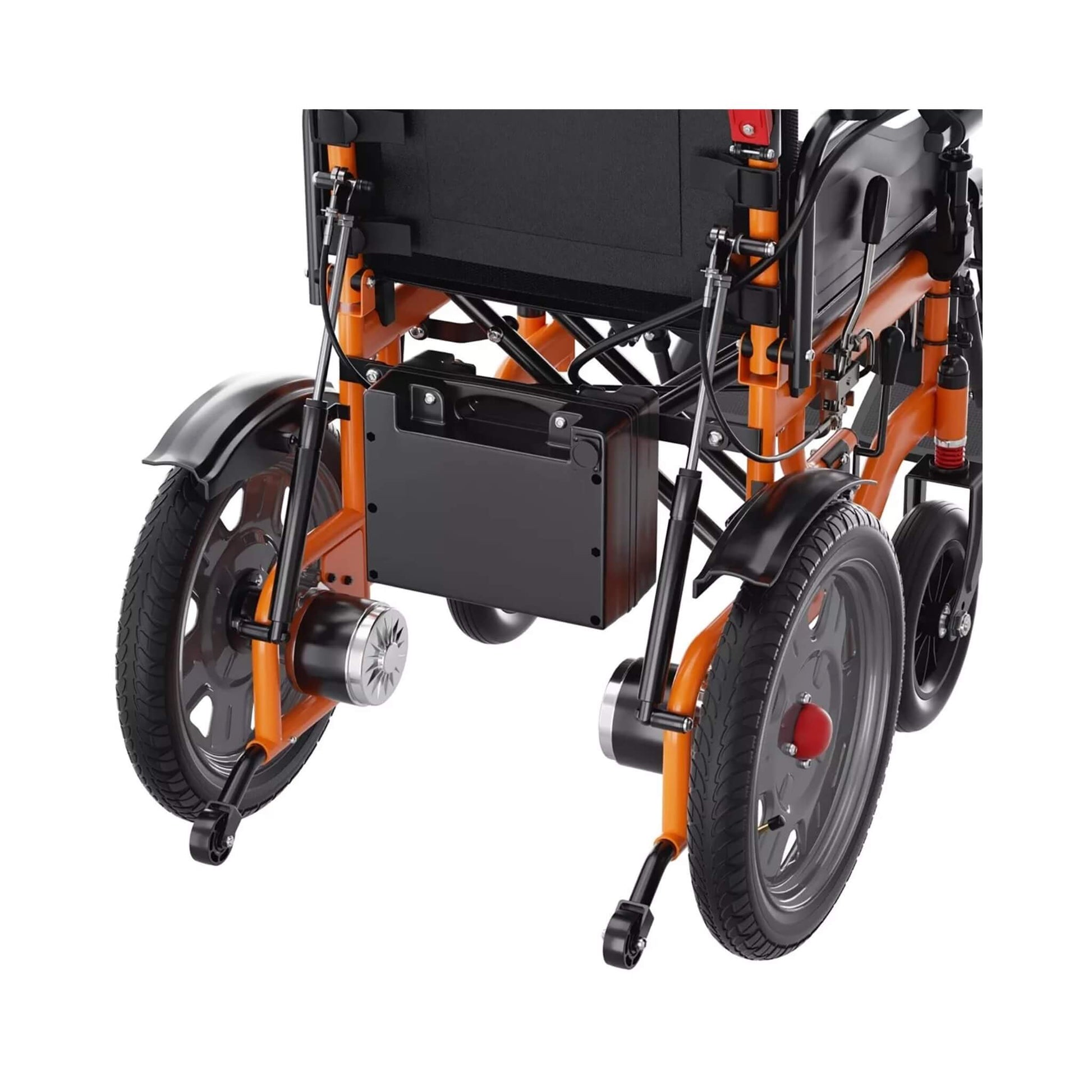 Close-up of wheelchair anti-tip wheels and side frame, orange tubing and black panels.