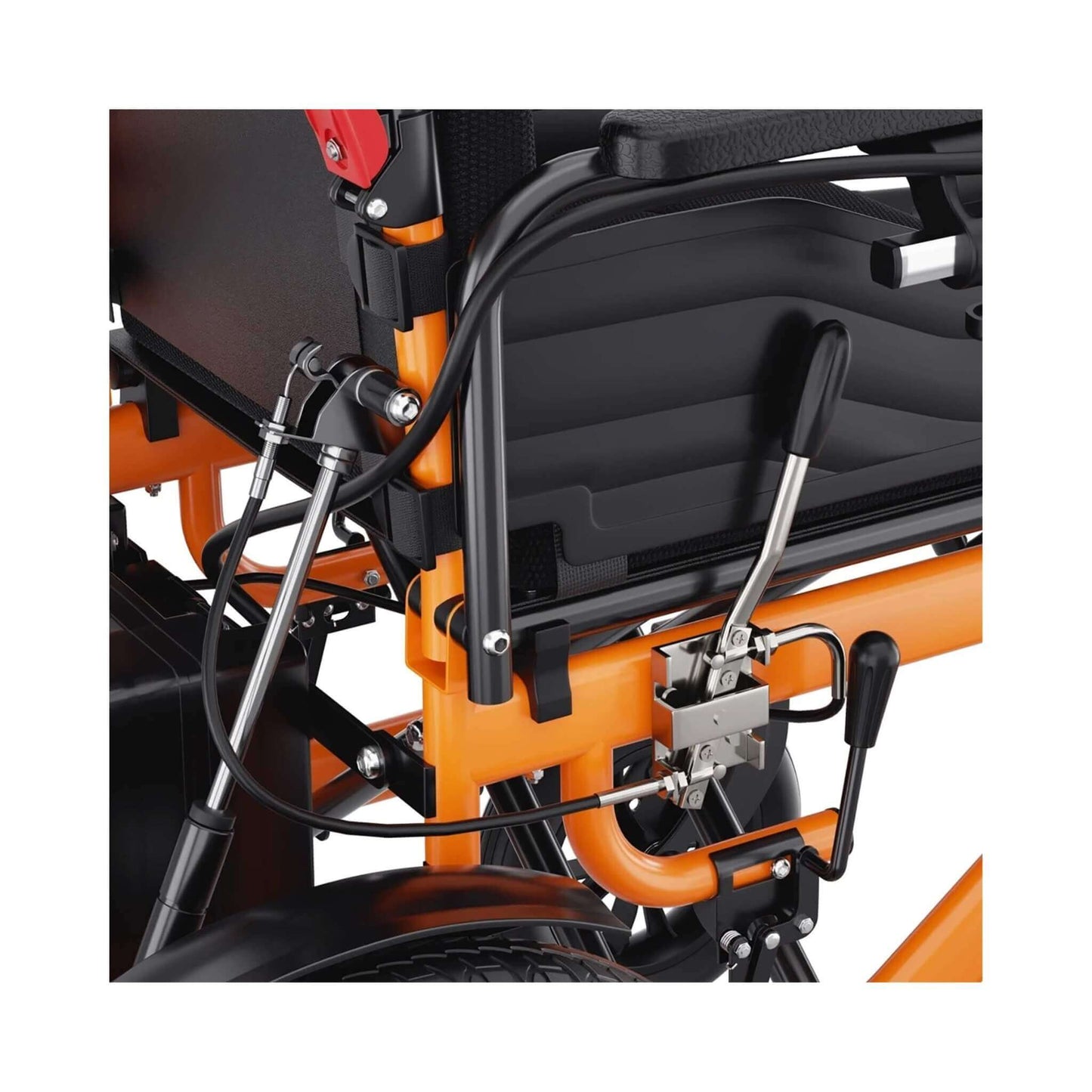 Close-up of electric wheelchair back and frame hardware near the recline mechanism
