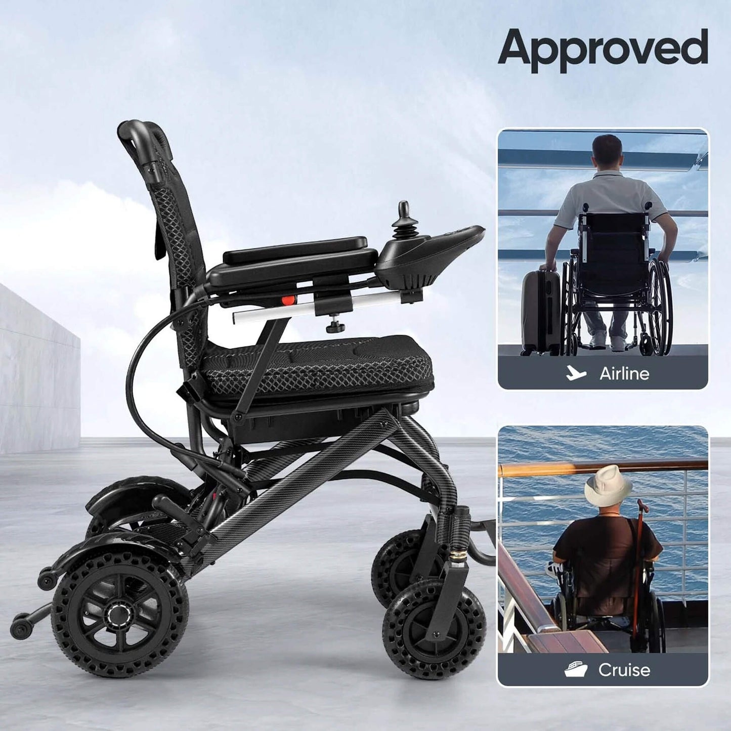 Electric wheelchair angled view with armrests and separate control joystick