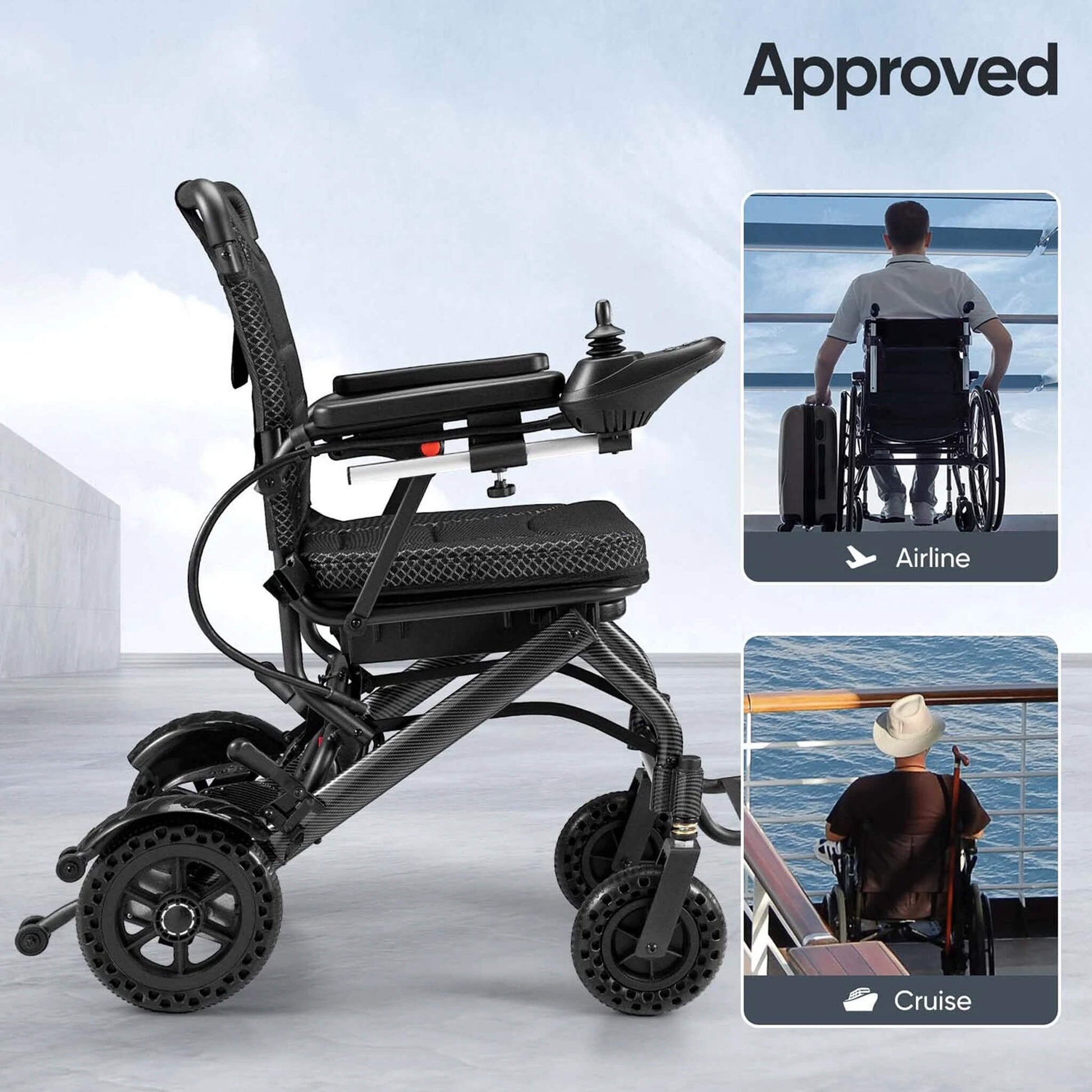 Electric wheelchair angled view with armrests and separate control joystick