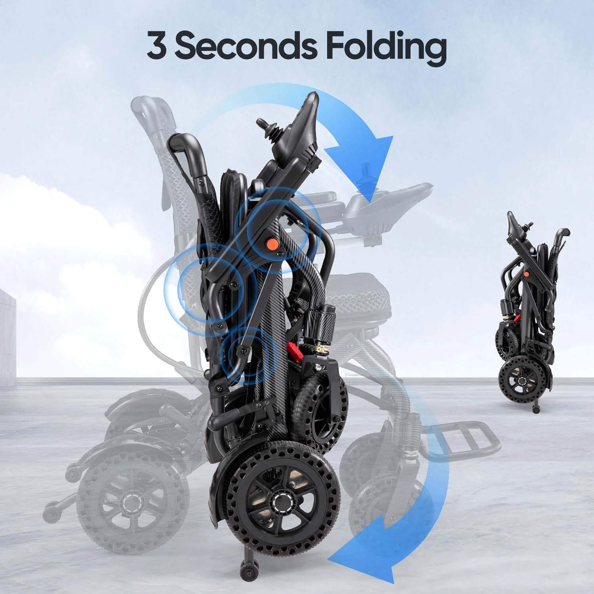 Folded electric wheelchair frame with raised seat and rear wheels, side view