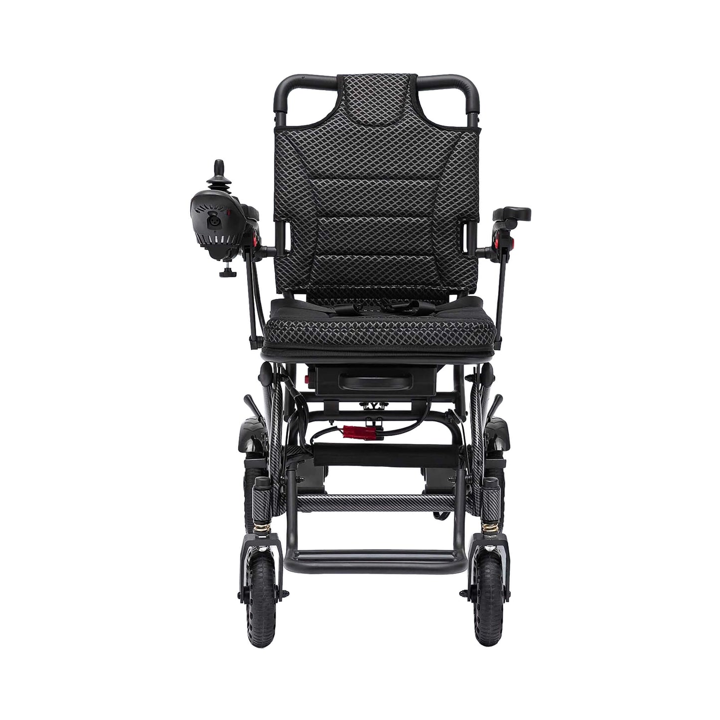 Black foldable electric wheelchair with textured seat and back, front view